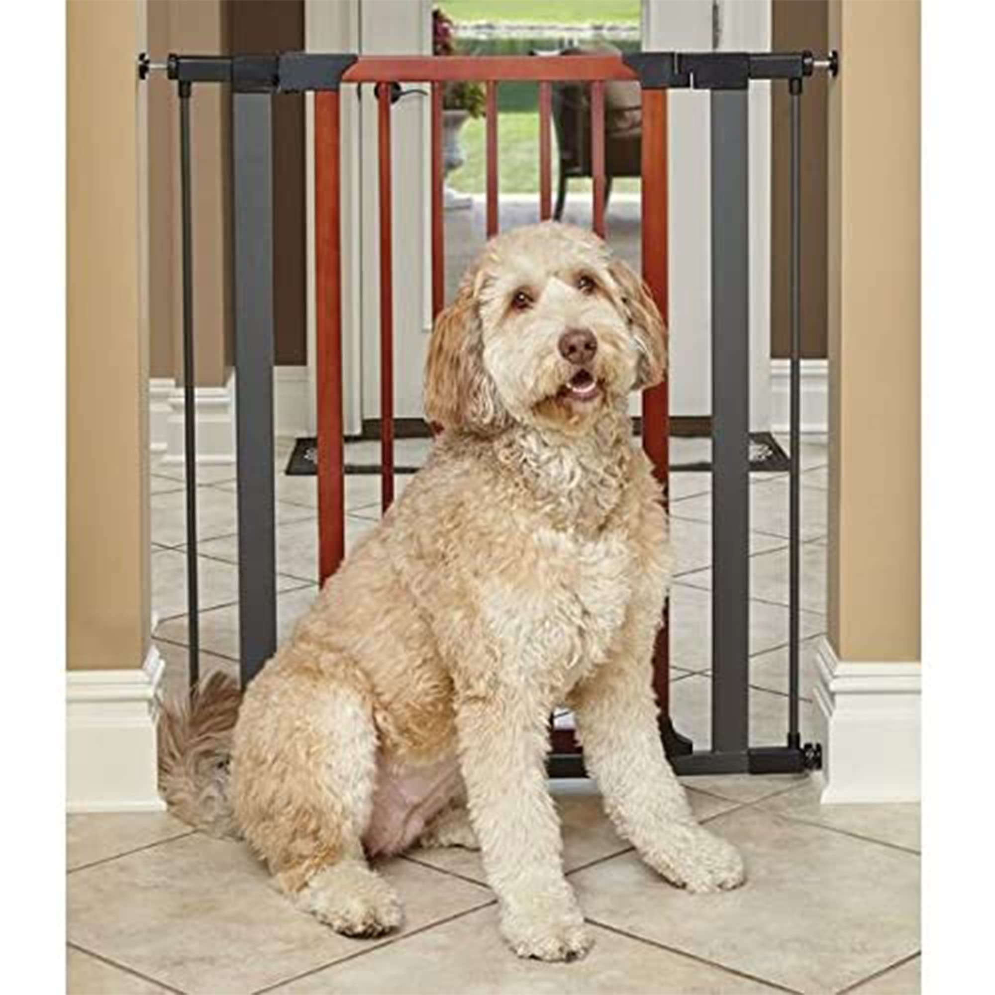 Midwest 29" Walk-Thru Dog Gate, Wooden Door | Steel Frame, Pressure Mounted, Expands 29.5"-38" Wide, Auto-Close Door, Latch Closure, Includes Two 3" Extensions