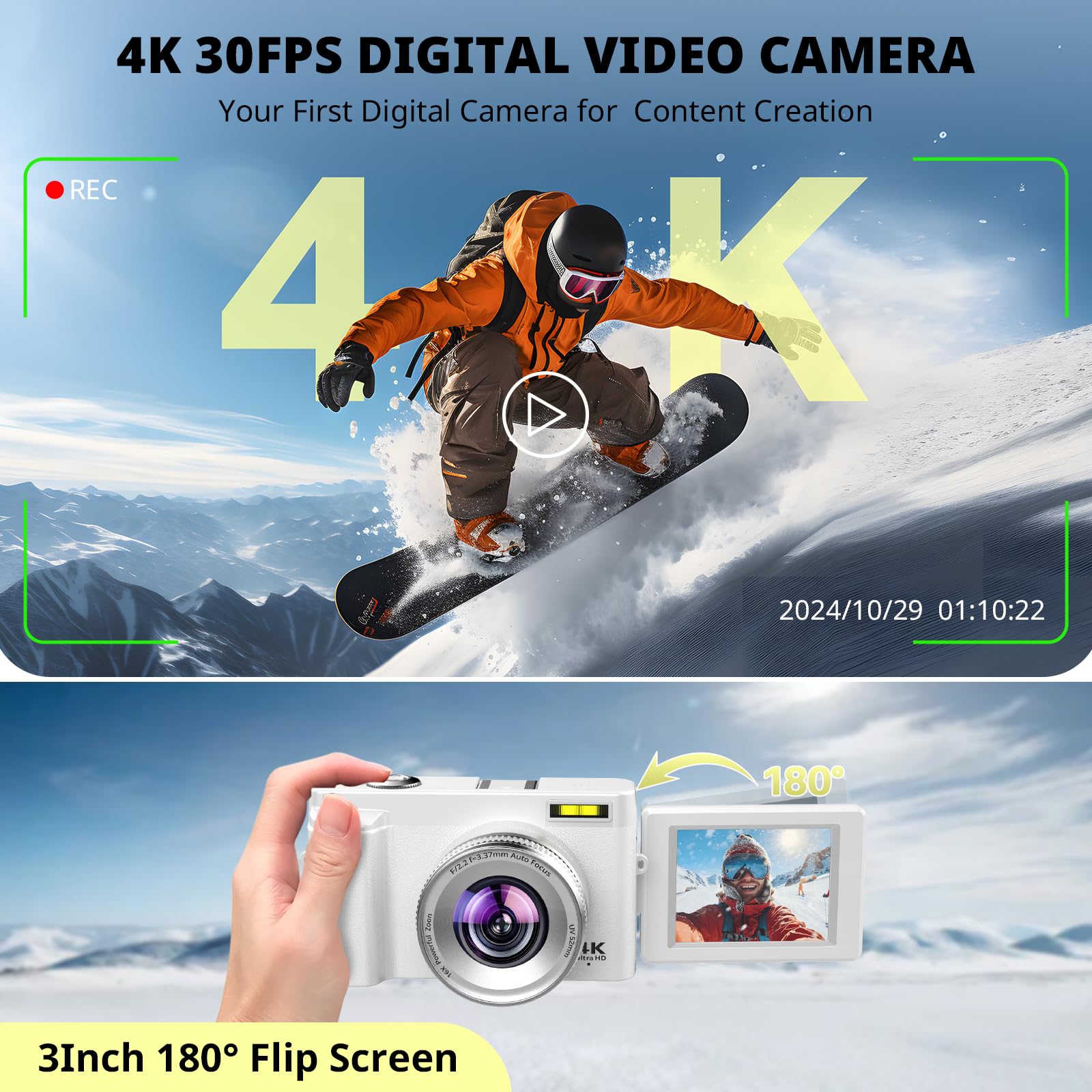 Duluvulu 4K Digital Camera for Photography Autofocus, 2026 Latest 48MP Vlogging Camera for YouTube with SD Card, 2 Batteries, 3" 180°Flip Screen Compact Travel Camera for Teens with 16X Zoom,Black