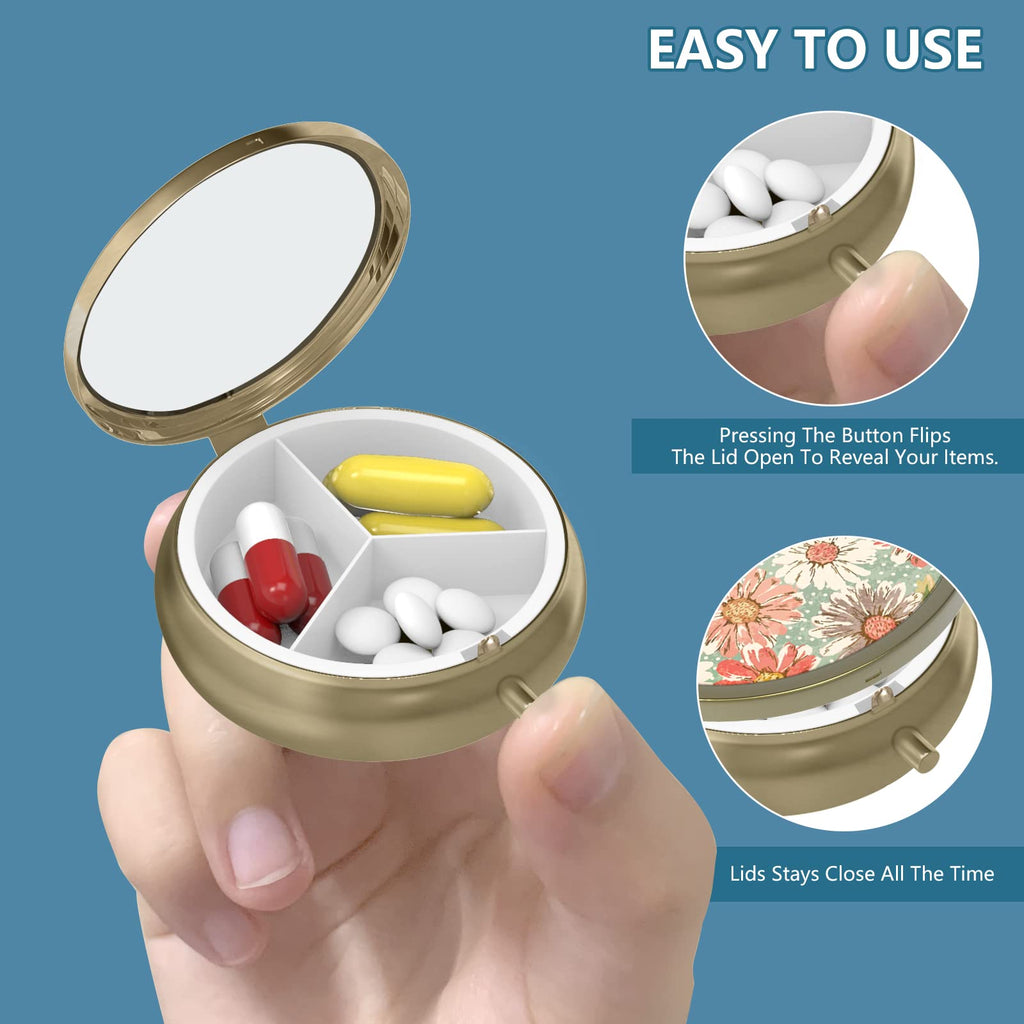 Pill Case Pill Box with Mirror Retro 2 Compartment Small Pill Case for Purse or Pocket Bronze Rectangular Pill Box or Vitamins, Fish Oil, Supplements, Pill Containe Travel Gifts（Retro Red Flowers）