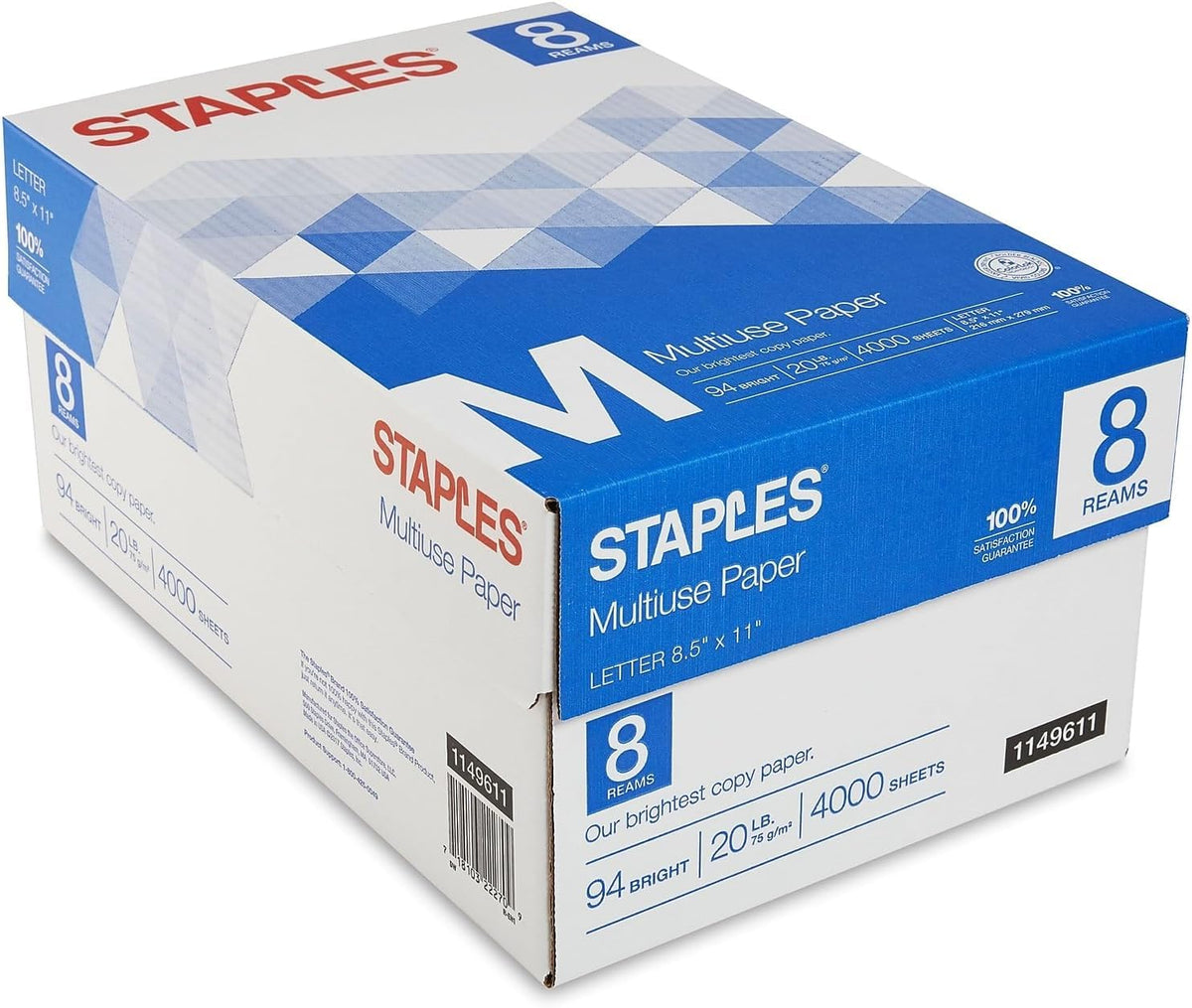 Staples Multiuse Copy Paper, 20 Lb, 94 Bright, 8 1/2" x 11", White, 3-Ream Case, For Office, School & Home