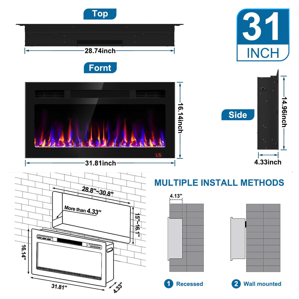 31 Inch Electric Fireplace Recessed and Wall Mounted, Fireplace Heater and Linear Fireplace, Ultra-Thin Electric Fireplace, Low Noise, with Timer, Remote Control, Adjustable 12 Flame Color, 750/1500W