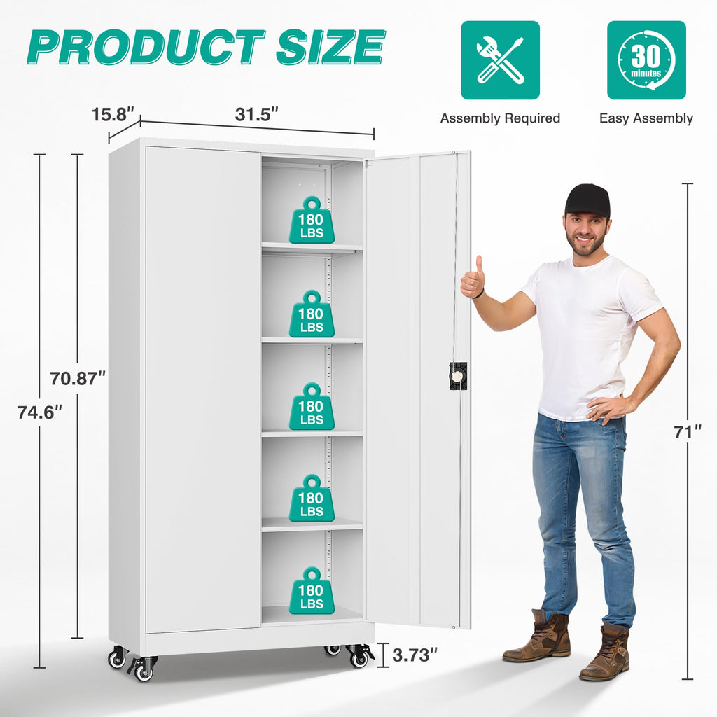 SISESOL Wide & Deep Metal Storage Cabinet with Wheels,Tall Rolling Garage Storage Cabinet with Lock,Black Metal Cabinets with Pegboards and Shelves,Tool Locker for Garage,Home,Office,43''Wx 20''Dx71"H