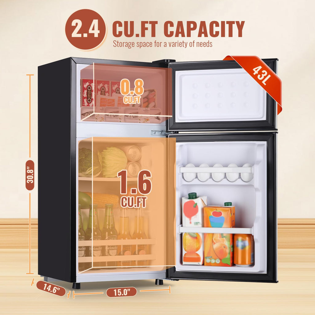 DEMULLER Mini Fridge with Double Doors Small Refrigerator with Separate Freezer & 7 Adjustable Temperature Control, Tiny Size & Personal Fridge Ideal for Office Apartment Dorm Black
