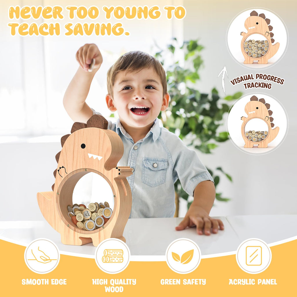 Summidate Wooden Dinosaur Piggy Bank for Kids Boys, Cute Wood Dino Money Bank for Toddlers, Creative Saving Coin Jar, Personalized Present for Child Birthday & Decor (Brachiosaurus, Custom)