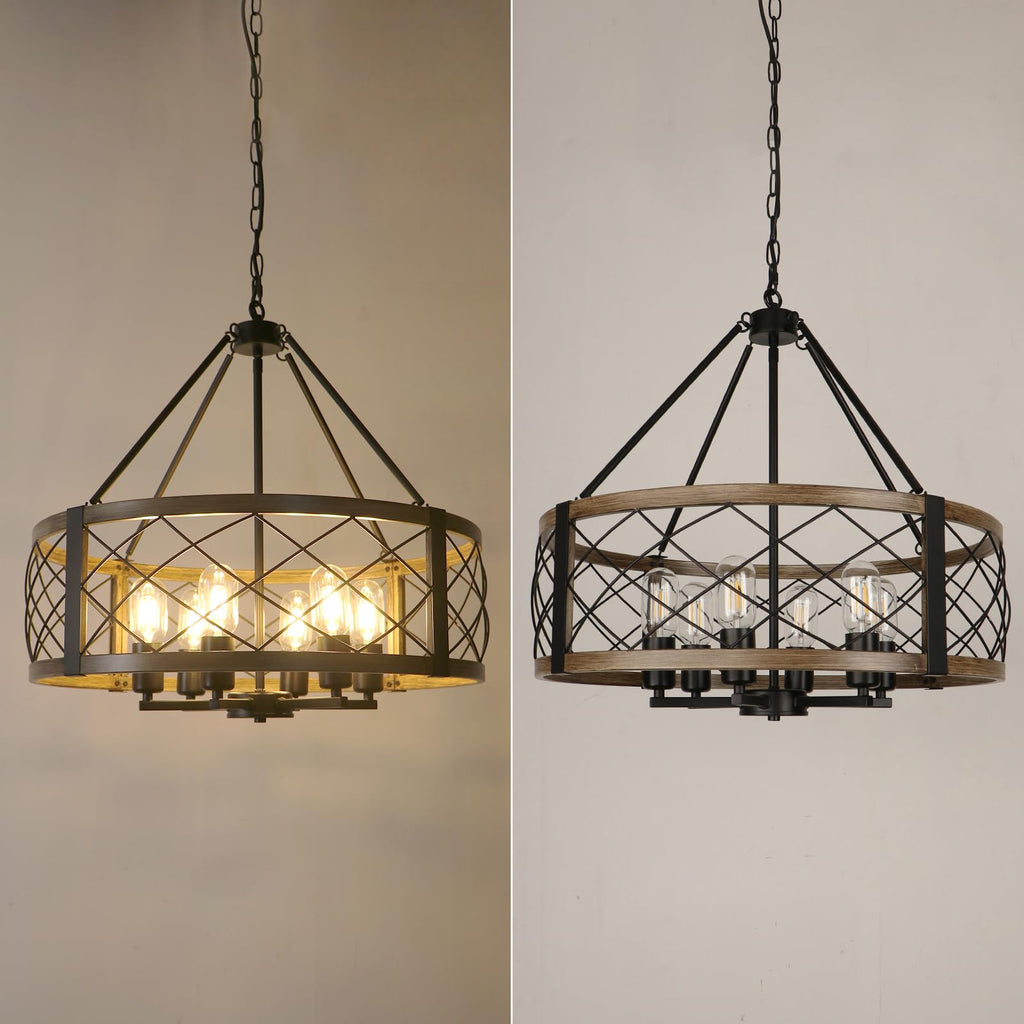 Modern Chandelier for Dining Room, 6-Light Wood Grain Finish Farmhouse Chandelier, 22.5” Rustic Drum Hanging Light Kitchen Island, Round Metal Hanging Light Fixture for Foyer, Entryway, Bedroom