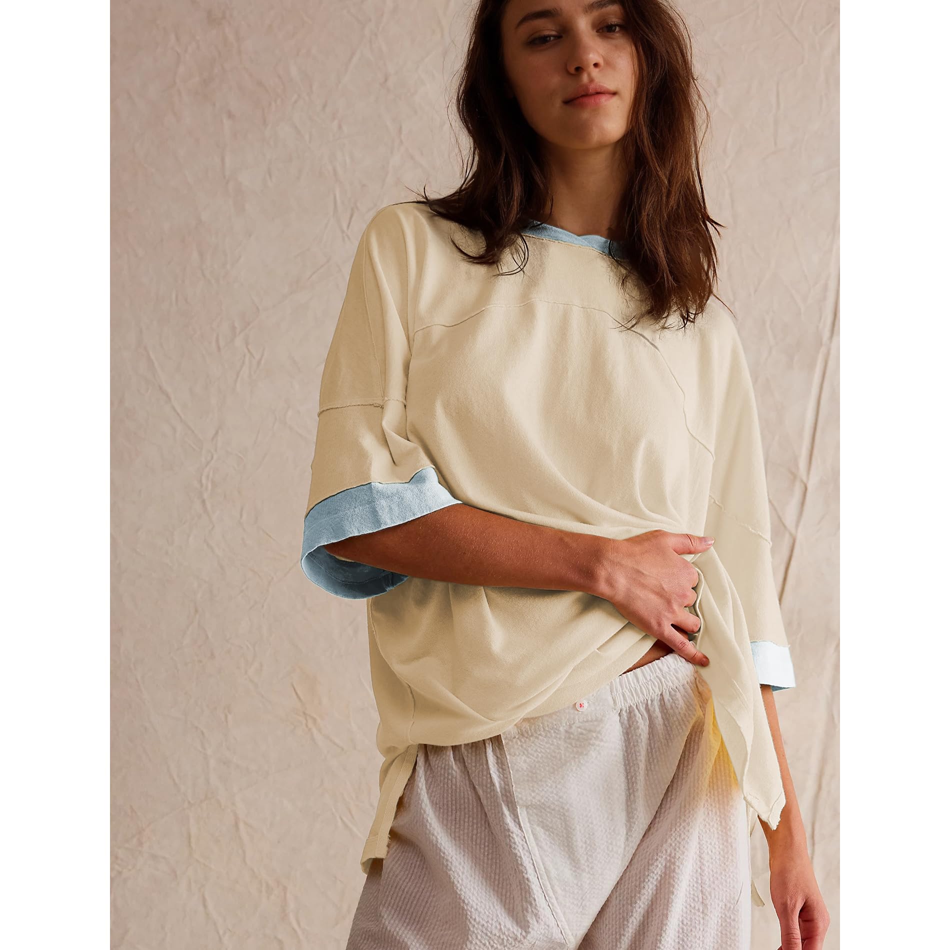Songling Womens 3/4 Length Sleeve Casual Loose Fit Summer Tee Shirt Basics Cotton t Shirts Trendy Tops