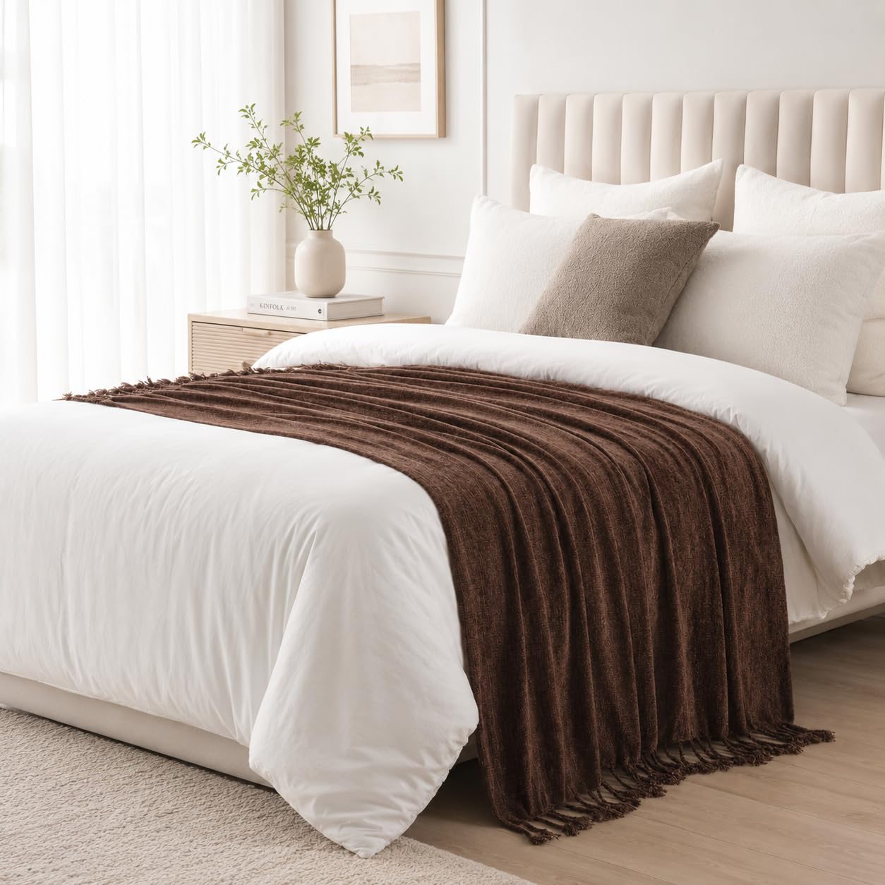 BATTILO HOME Beige Chenille Throw Blanket for Couch, Soft Cozy Textured Knit Throw Blanket with Handmade Fringe Tassels, Lightweight Decorative Farmhouse Blanket for Sofa Bed Chair, 50"x60"