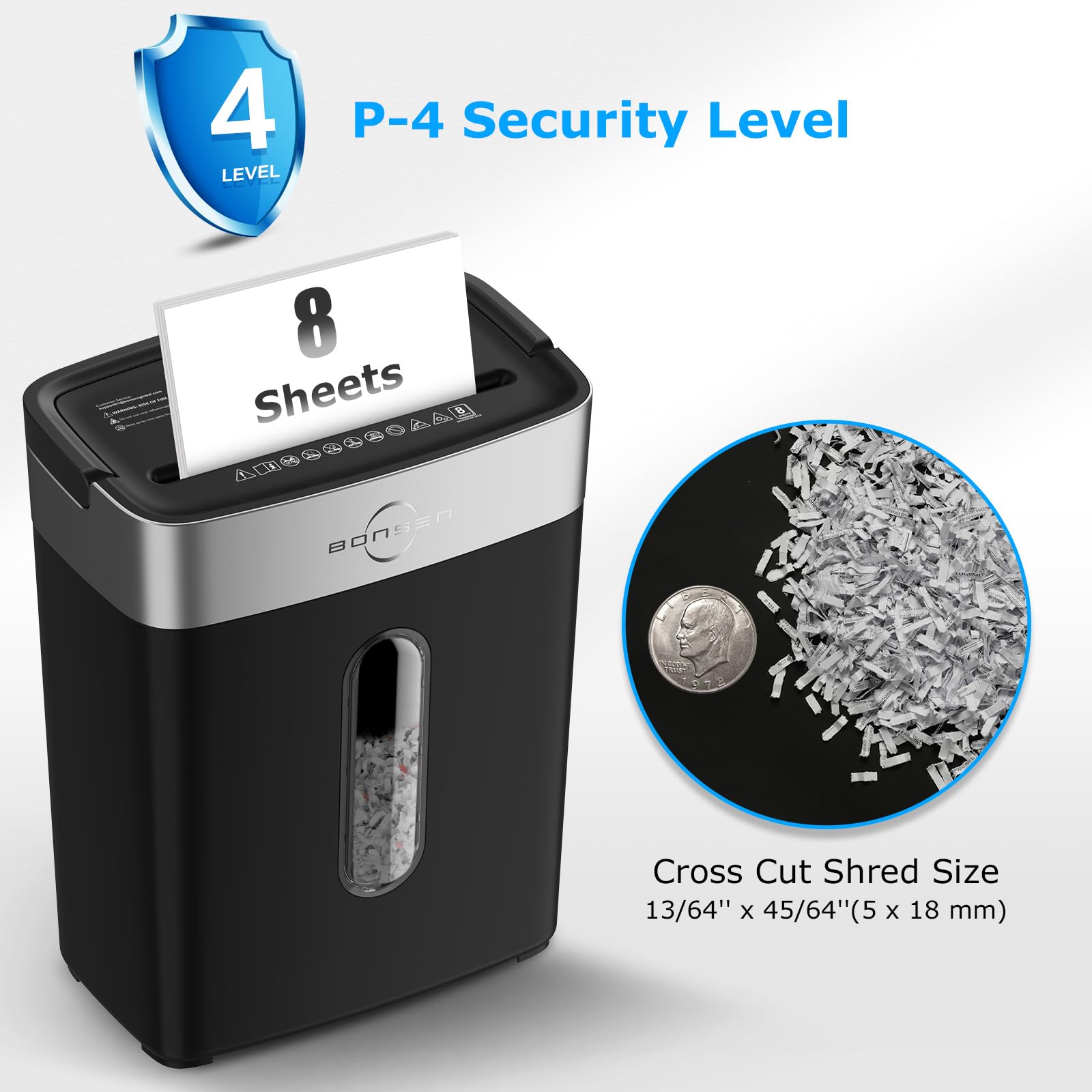 BONSEN Shredder for Home Office, 4 Gallons 8-Sheet Cross Cut Credit Card Shredder, Small Paper Shredder for Home Use, High Security Level P-4, ETL Certification (S3101)
