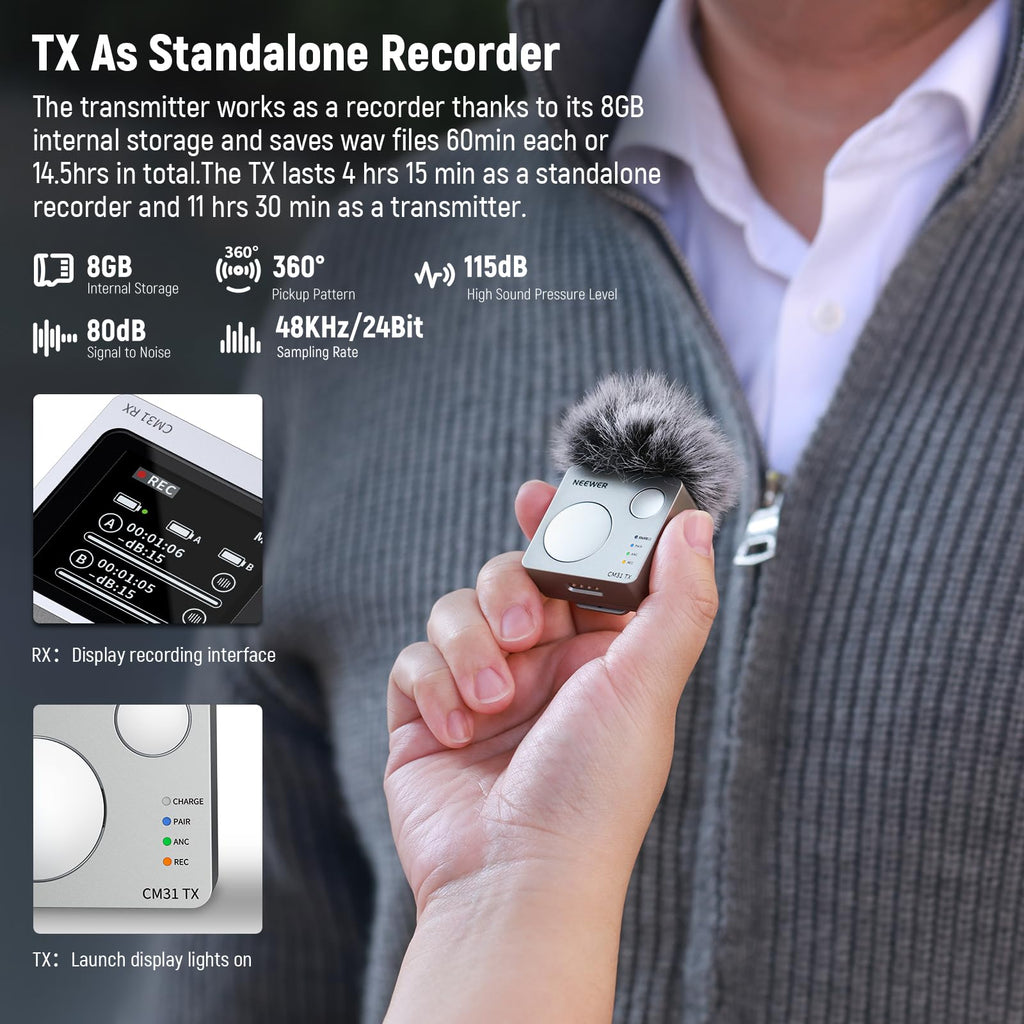 NEEWER CM28 Wireless Lavalier Microphone System, 1 Click Noise Canceling, 4GB Storage for 9Hrs of 48KHz 16 Bit Uncompressed Audio, Lapel Mic Compatible with iPhone/Android/PC/Camera/iPad