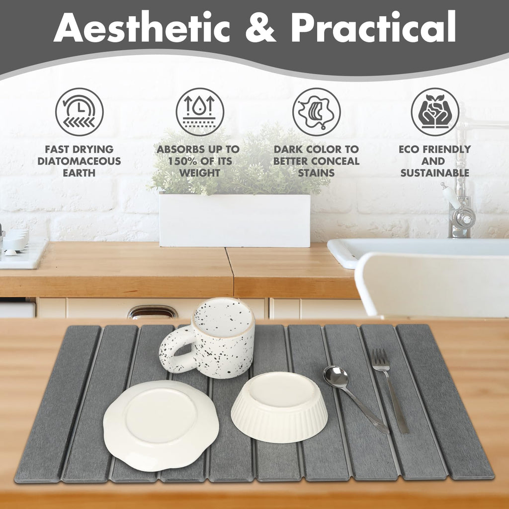 Stone Dish Drying Mat for Kitchen Counter, Eco-friendly, Instant Drying Pad,Diatomaceous Earth Water Absorbing Mat, Foldable and Super Absorbent Dish Drying Stone Mat, 16"×12", Dark Gray