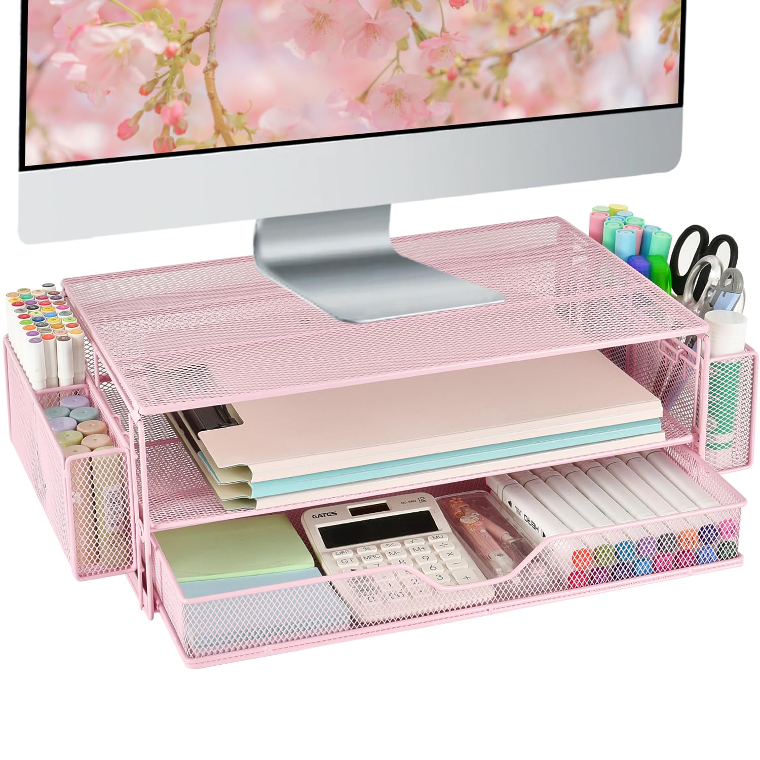 AUPSEN 2 Tier Computer Monitor Stands with Drawer and 2 Pencil Holder, Metal Monitor Stand Monitor riser, Computer Desk Organizer and Accessories for Laptop, Computer, Printer, Office Supplies(Black)