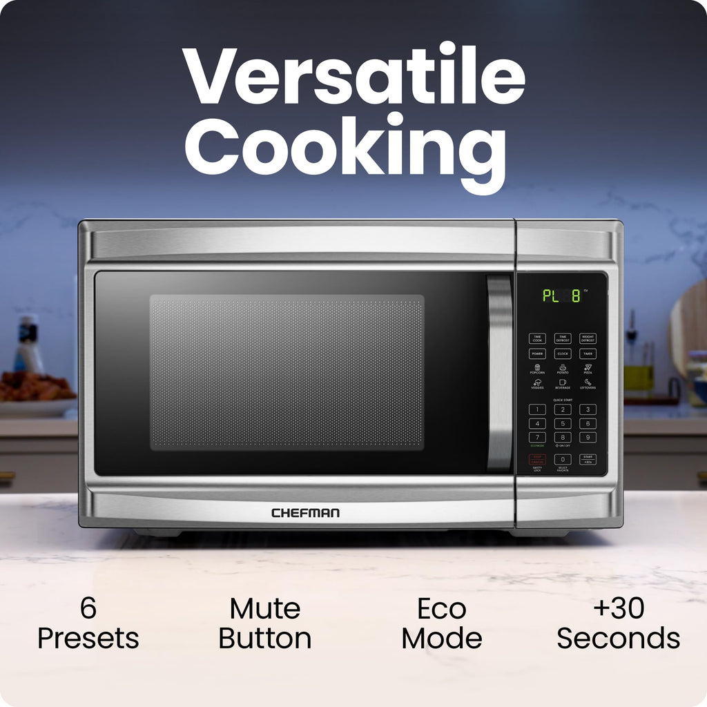 Chefman Compact Countertop Microwave Oven 0.7 Cu. Ft., 700W with 10 Power Levels, 3 Cooking Presets with One-Touch Express Cook, 2 Defrost Settings, Child Safety Lock, & Mute Button – Stainless Steel