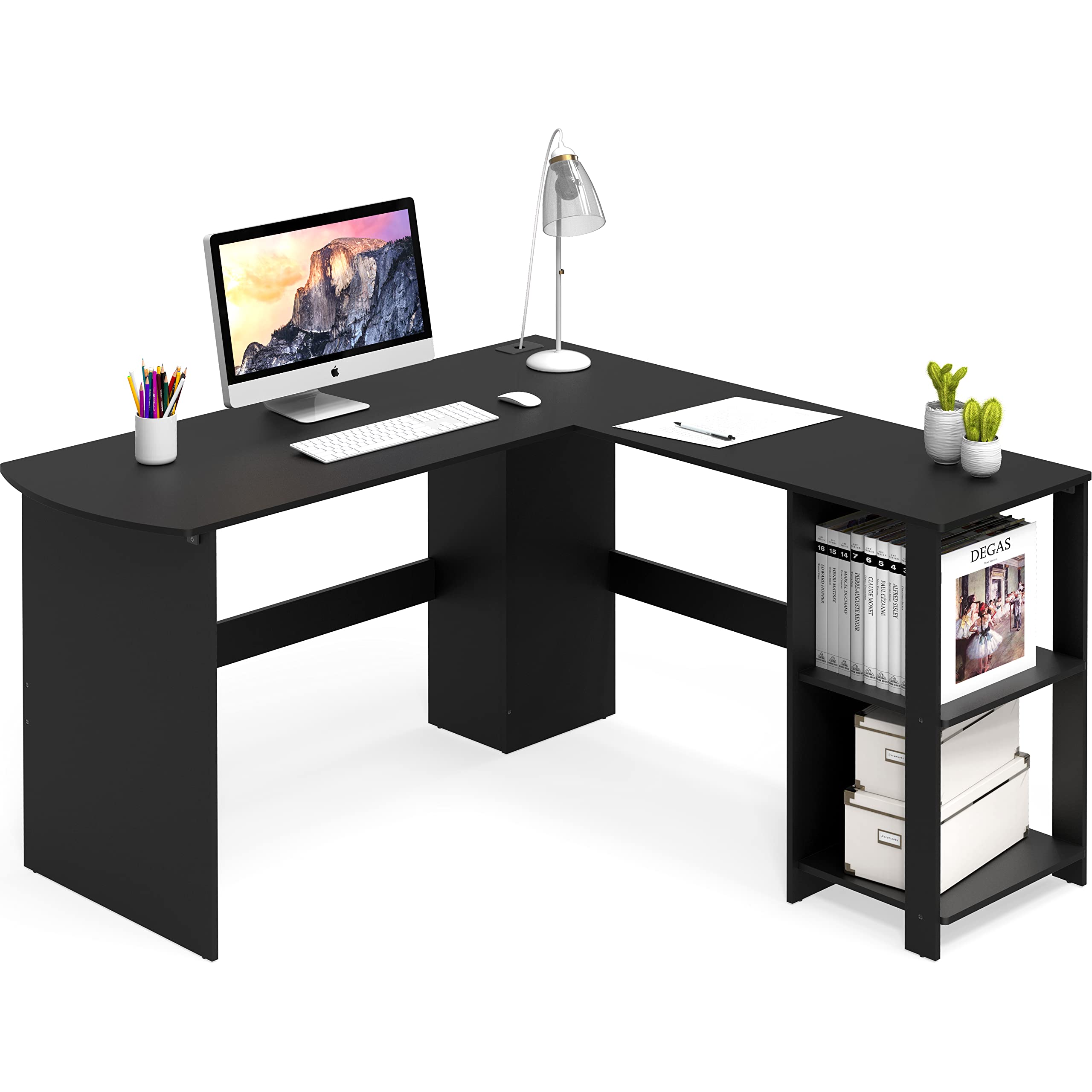 SHW 51 x 51 Inches L-Shaped Home Office Wood Corner Desk wtih Storage, Black