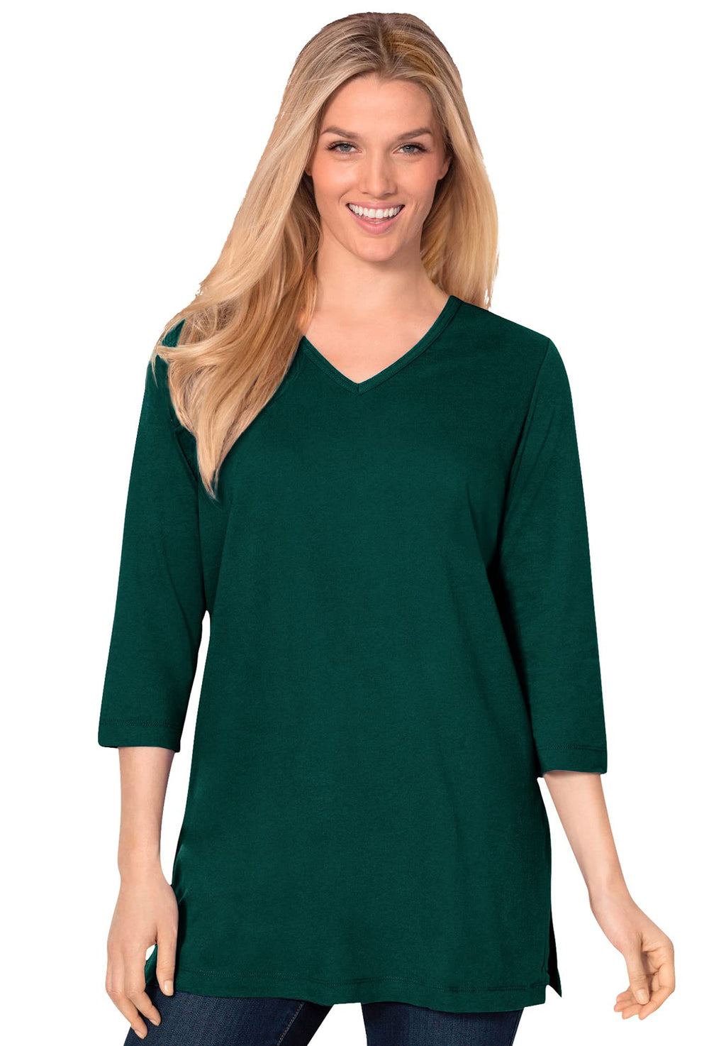 Woman Within Plus Size Perfect Three-Quarter Sleeve V-Neck Tunic