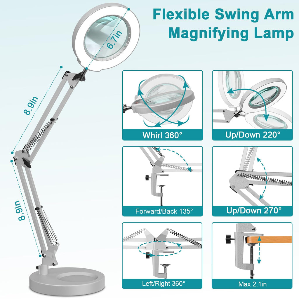 12X Magnifying Glass with Light and Stand, Real Glass, 5 Color Modes, Brightness Stepless Dimmable Lighted Magnifier Hands Free, 2-in-1 Desk Lamp & Clamp Light, Magnifier Lamp for Close Work, Reading