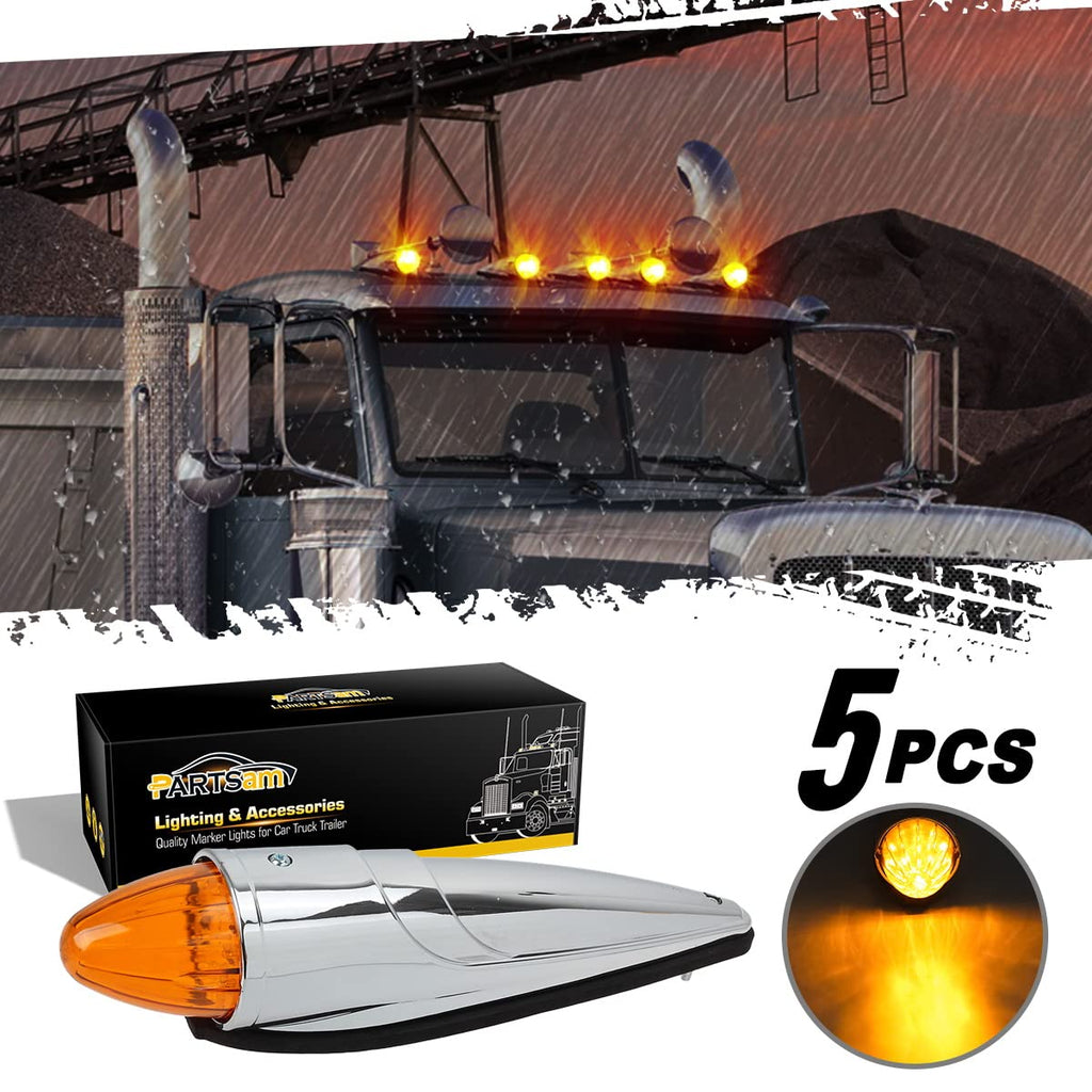 Partsam 5PCS 17 LED Amber Torpedo Cab Marker Roof Running Top Lights Assembly Super Bright Chrome Heavy Duty Trucks Replacement for International Kenworth/Peterbilt/Freightliner/Mack,DOT Compliant