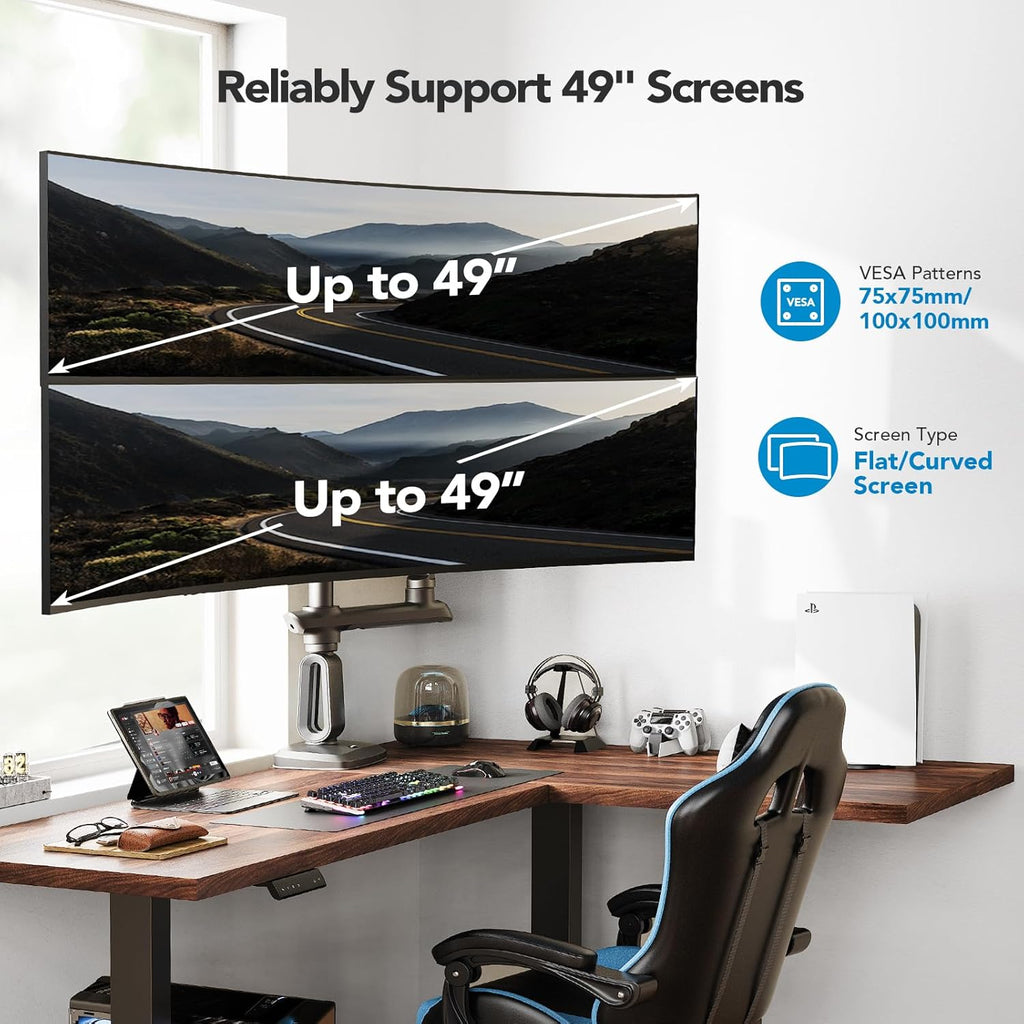HUANUO Dual Monitor Arm for 13-49" Ultrawide Screens up to 40 lbs, Heavy Duty Aluminum Extra Tall Monitor Desk Mount, Vertical Stacked Fully Adjustable Dual Monitor Mount, Max VESA 100x100