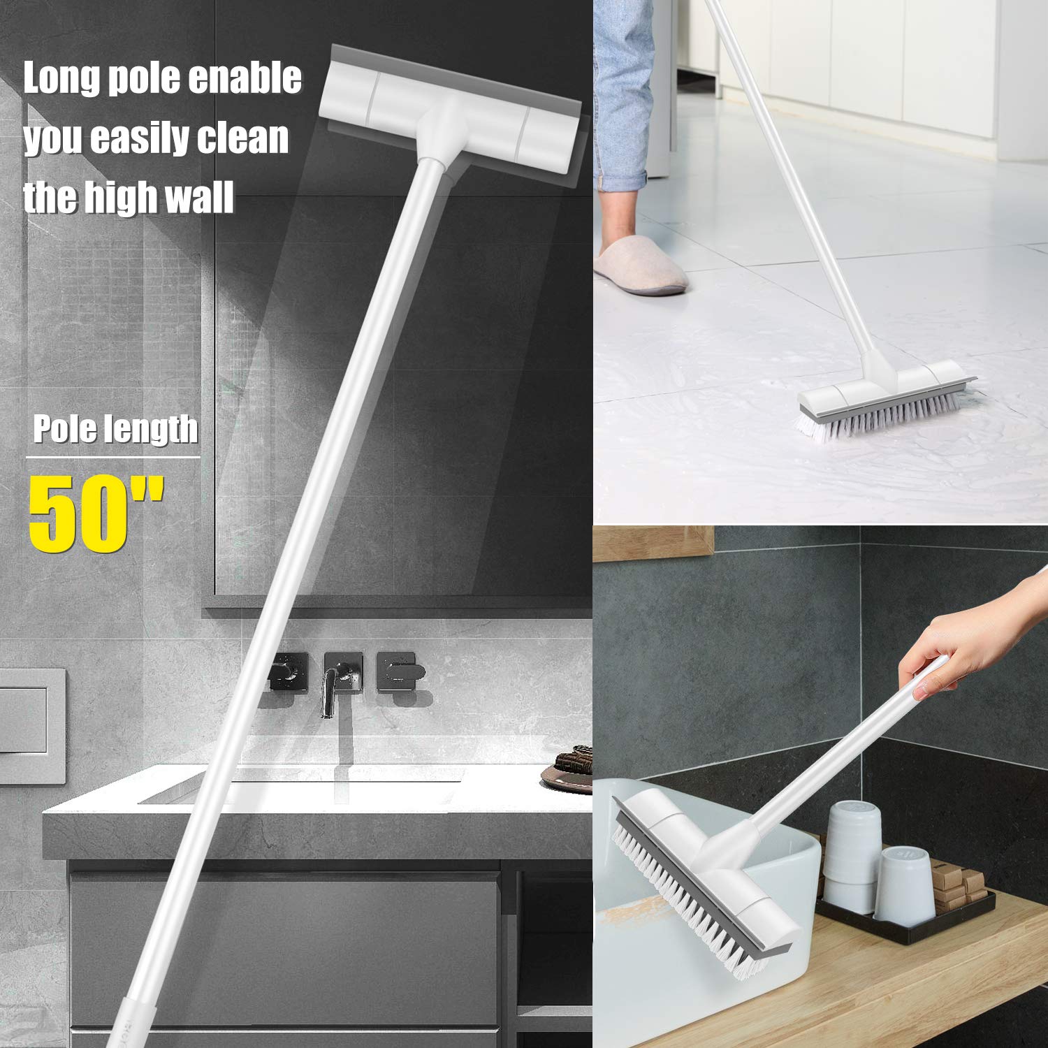 BOOMJOY Floor Scrub Brush with 57" Long Handle, 12" Wide Head, 2 in 1 Scrape and Brush, Stiff Bristle for Cleaning Bathroom, Patio, Kitchen, Tile, Wall and Deck