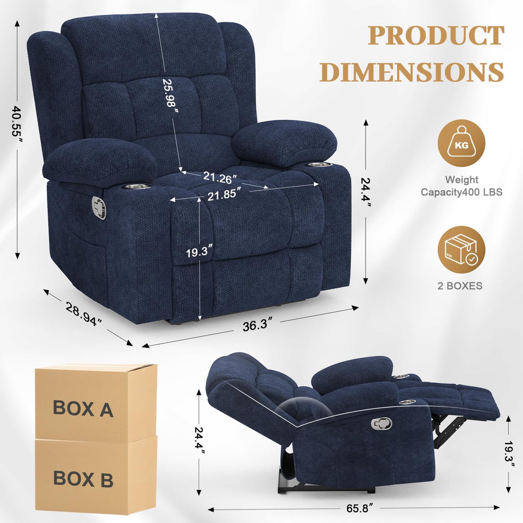 Recliner Chairs for Adults, FSC Certified Massage Reclining Chair with Heated Modern, Ergonomic Lounge Single Reclining Sofa Seat with Cup Holder & Pocket, Living Room Lounge Recliners Black