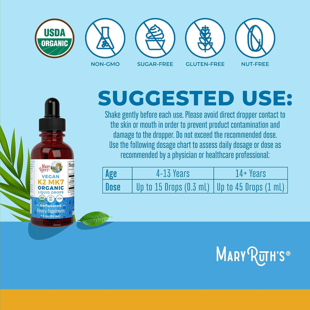 MARYRUTH'S USDA Organic Vitamin K2 MK7 Liquid Drops for Adults & Kids | Sourced from Natto | Menaquinone- 7 | Vegan K2 Vitamin for Bone Health & Calcium Absorption | 1oz | Up to 90 Servings