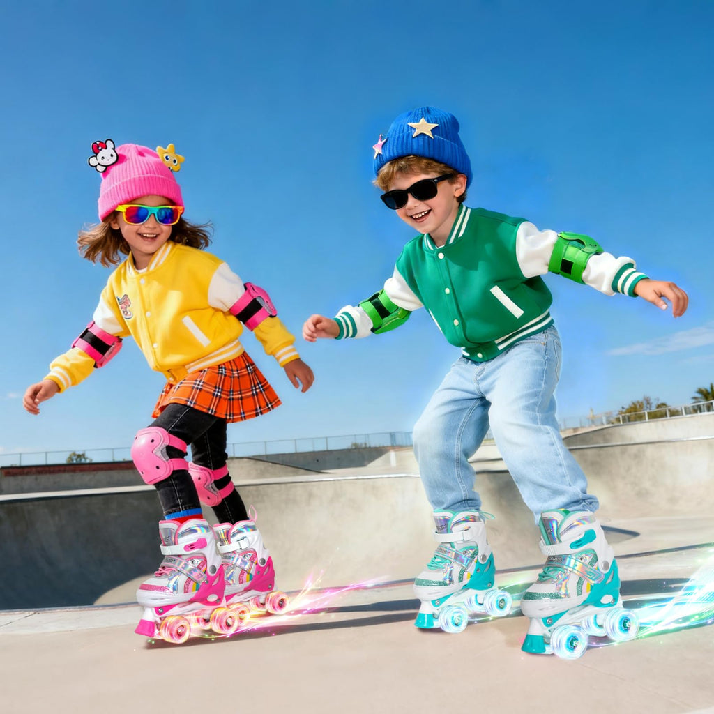 Nattork Girls Roller Skates for Kids, 4 Size Adjustable Rainbow Quad Skates with All Light Up Wheels - Best Birthday Gift for Outdoor Sports