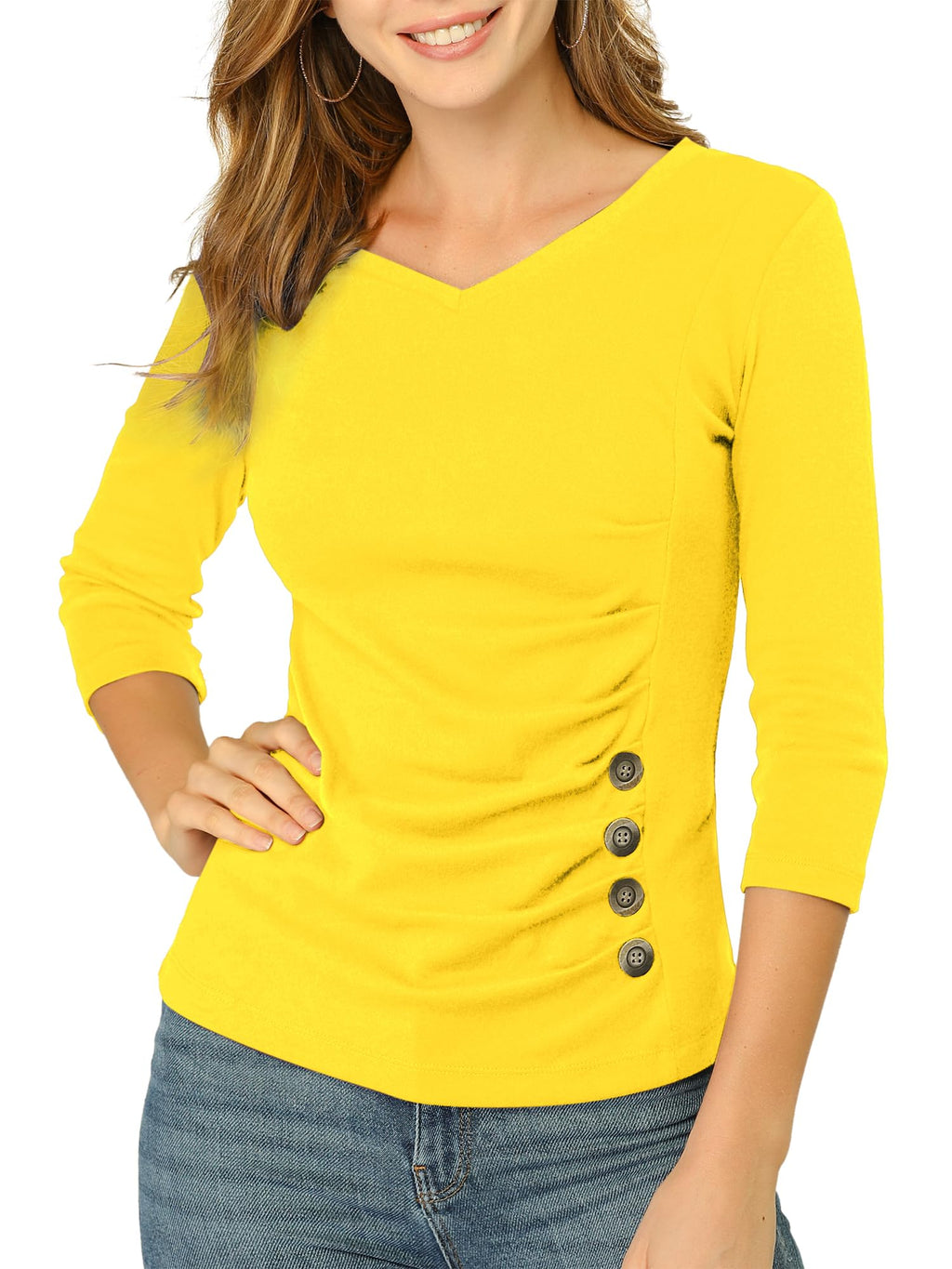 Allegra K Women's V Neck Tops 3/4 Sleeves Solid Knitted Buttons Decor Ruched Blouse