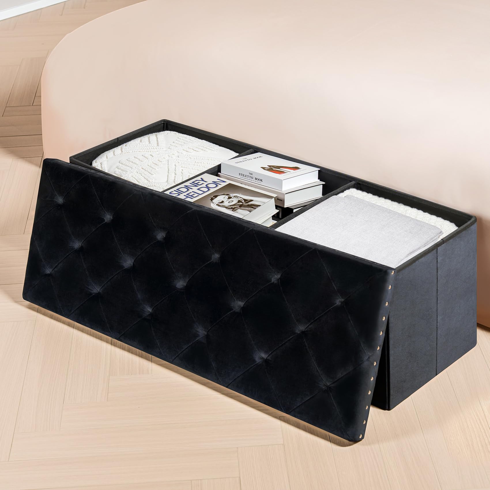 PINPLUS Folding Storage Ottoman Bench, Folding Velvet Tuffed Foot Rest Stool with Rivet, End of Bed Bench Large Long Shoes Chest for Bedroom Entryway Living Room, Beige, 41.3 Inches