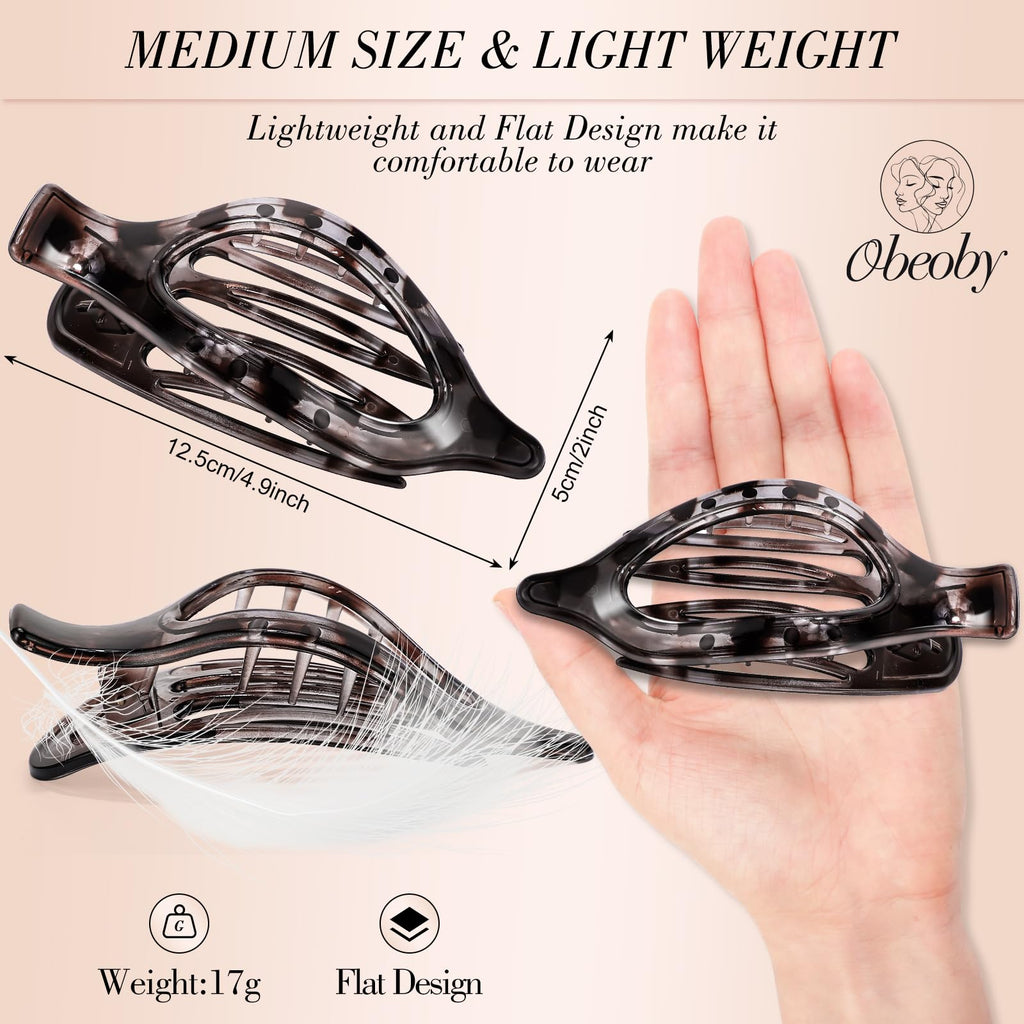 Obeoby 8 Pcs Flat Claw Clips for Women, Strong Hold French Flat Hair Clips for Thick Thin Hair Barrettes Accessories Round Large Medium (Tortoiseshell)