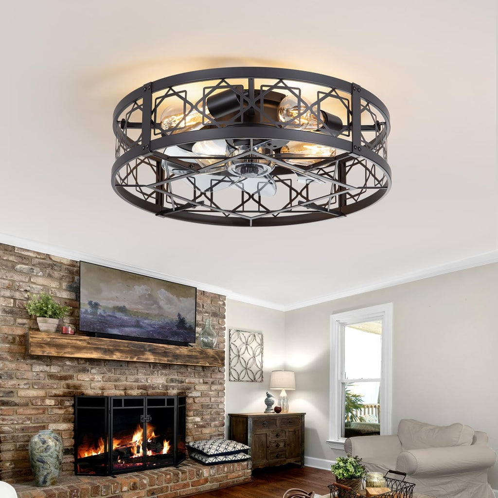 ZYD Caged Ceiling Fan with Light, 20" Ceiling Fan with Lights and Remote Flush Mount, Bladeless Caged Ceiling Fans with Lights, Matte Black Rustic Fan for Bedroom, Kitchen, Dining Room