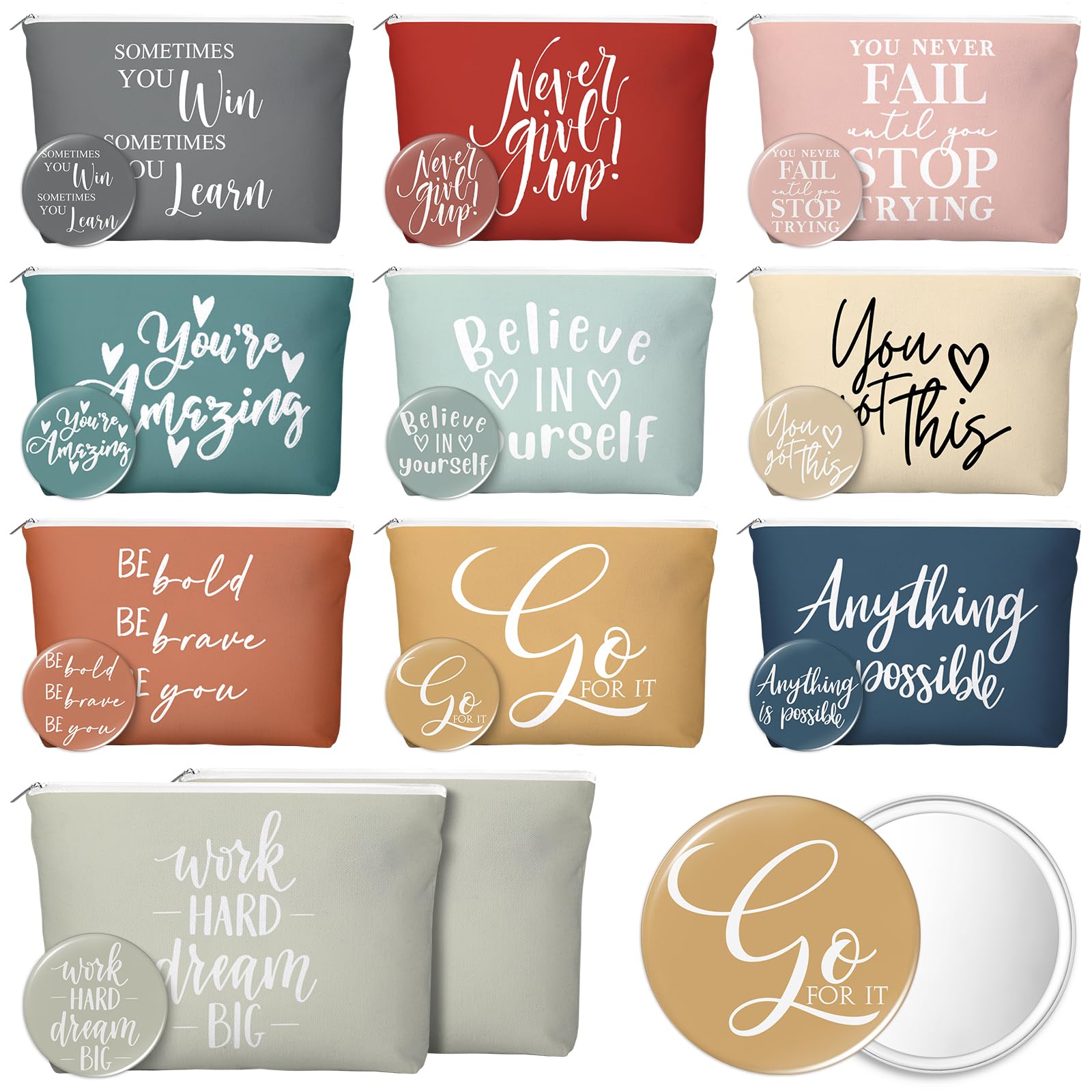Vercraft 20 Pcs Employee Appreciation Gift for Women Inspirational Canvas Makeup Bag Portable Compact Mirror Bulk Cosmetic Bag Thank You Party Favor for Women Coworker Nurse (Bohemian,Boho)