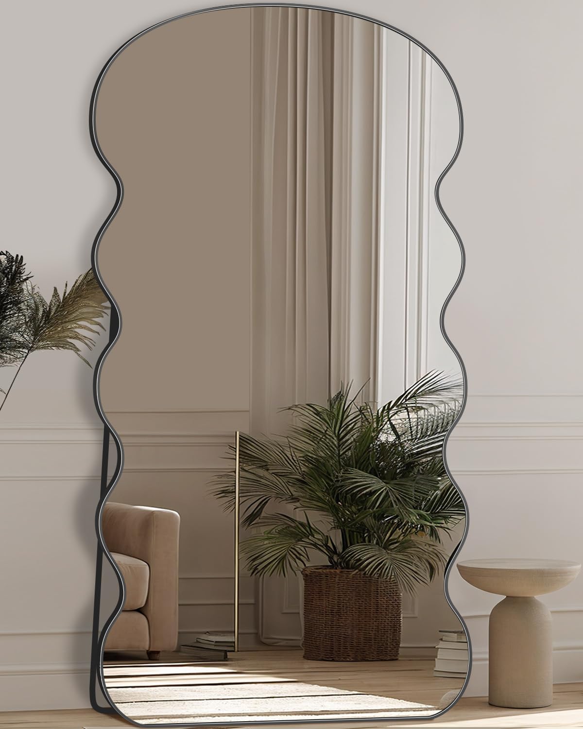 Full Length Mirror, 76"x34" Wavy Floor Mirror Freestanding, Floor Standing Full Body Mirror with Stand for Bedroom, Hanging Mounted for Living Room Cloakroom, Black