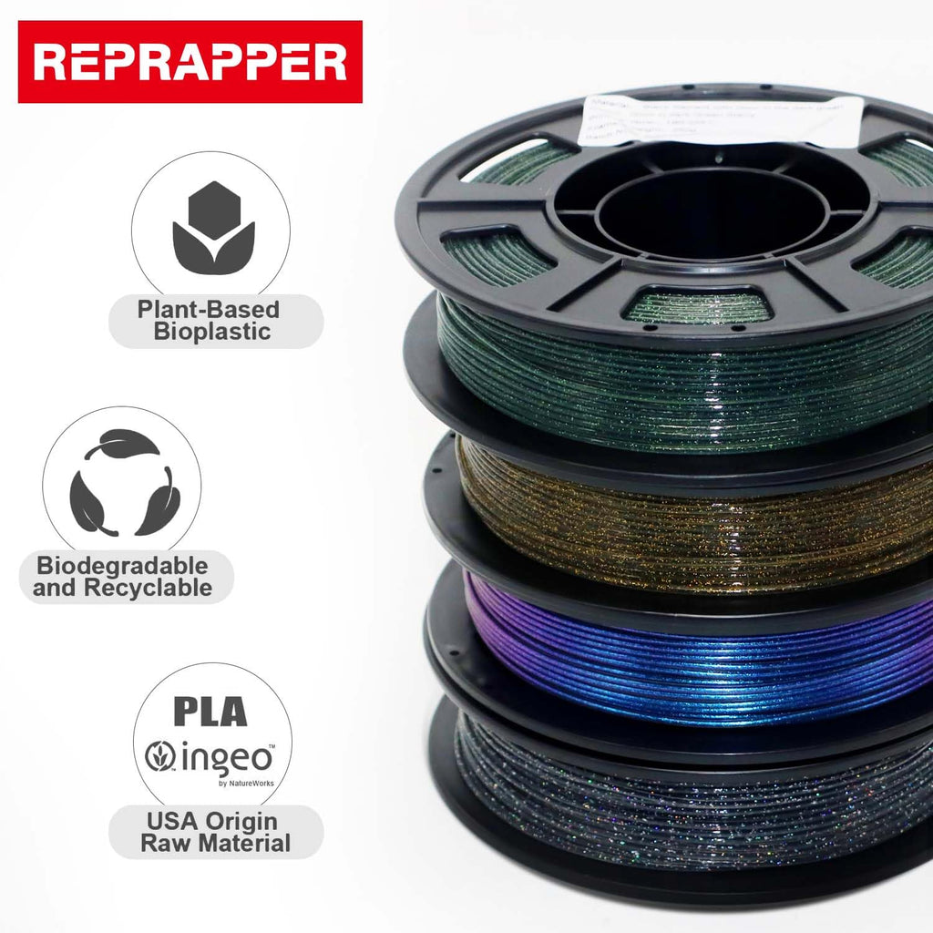 RepRapper PLA Filament, Multicolor Glitter Sample Pack, Shiny Galaxy Silk PLA1.75MM for 3D Printer, Glow in The Dark Sparkle Laser Series 3D Printer Filament, 250g*4