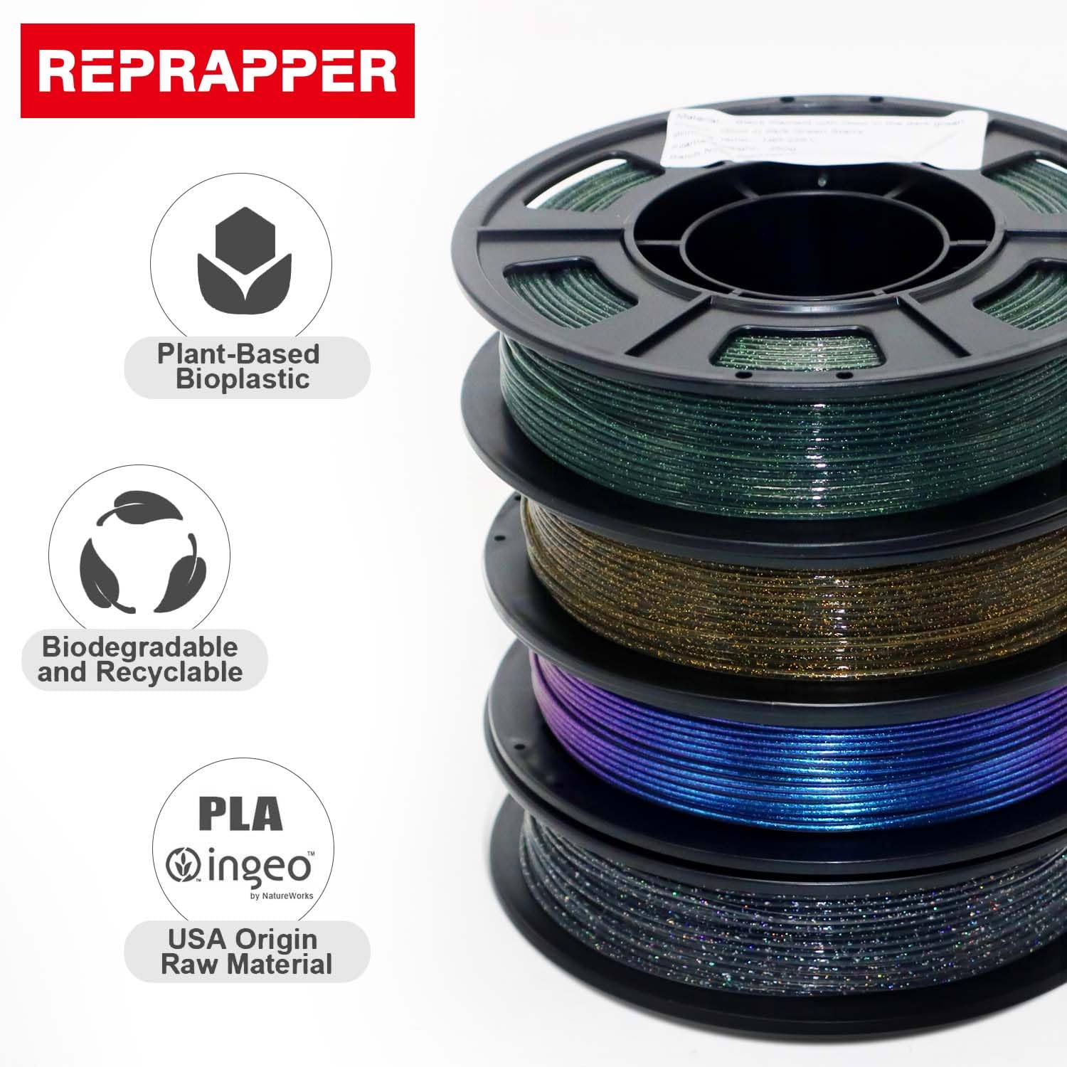 RepRapper PLA Filament, Multicolor Glitter Sample Pack, Shiny Galaxy Silk PLA1.75MM for 3D Printer, Glow in The Dark Sparkle Laser Series 3D Printer Filament, 250g*4