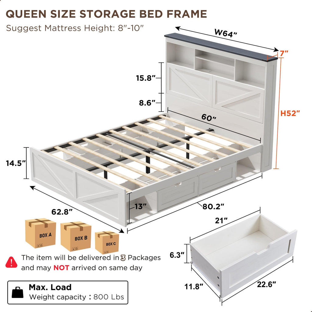 ACCOHOHO Queen Size Wood Bed Frame Farmhouse with 52" Tall Storage Bookcase Headboard, LED Light,Charging Station,4 Drawers and Solid Wood Slats Support,Noiseless,No Box Spring Needed - Black
