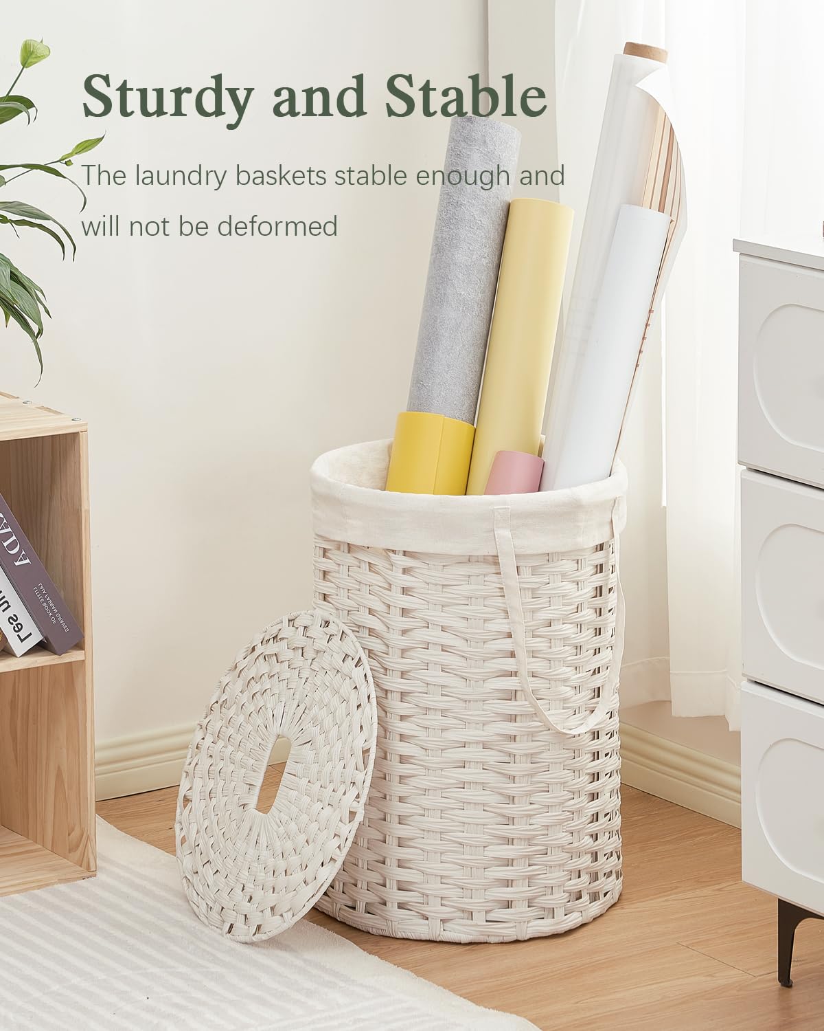 SETVSON Laundry Hamper with Lid Laundry Basket with Lid 19.0 Gal (72 L) Round Wicker Laundry Basket Handwoven Rattan Basket with Lid Removable Bag 2 Mesh Bags Handles for Living Room Bathroom Black