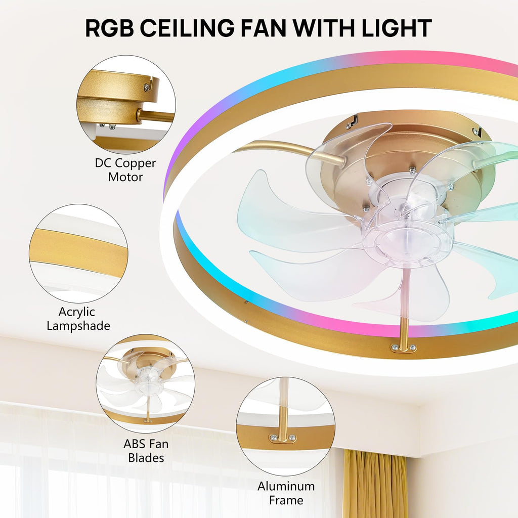 16 Inch RGB Low Profile Ceiling Fans with Lights, Modern Flush Mount Fandelier Chandelier Fixture, Remote & APP Control, Black LED Ceiling Fan Light for Bedroom, Living Room, Kitchen Indoor