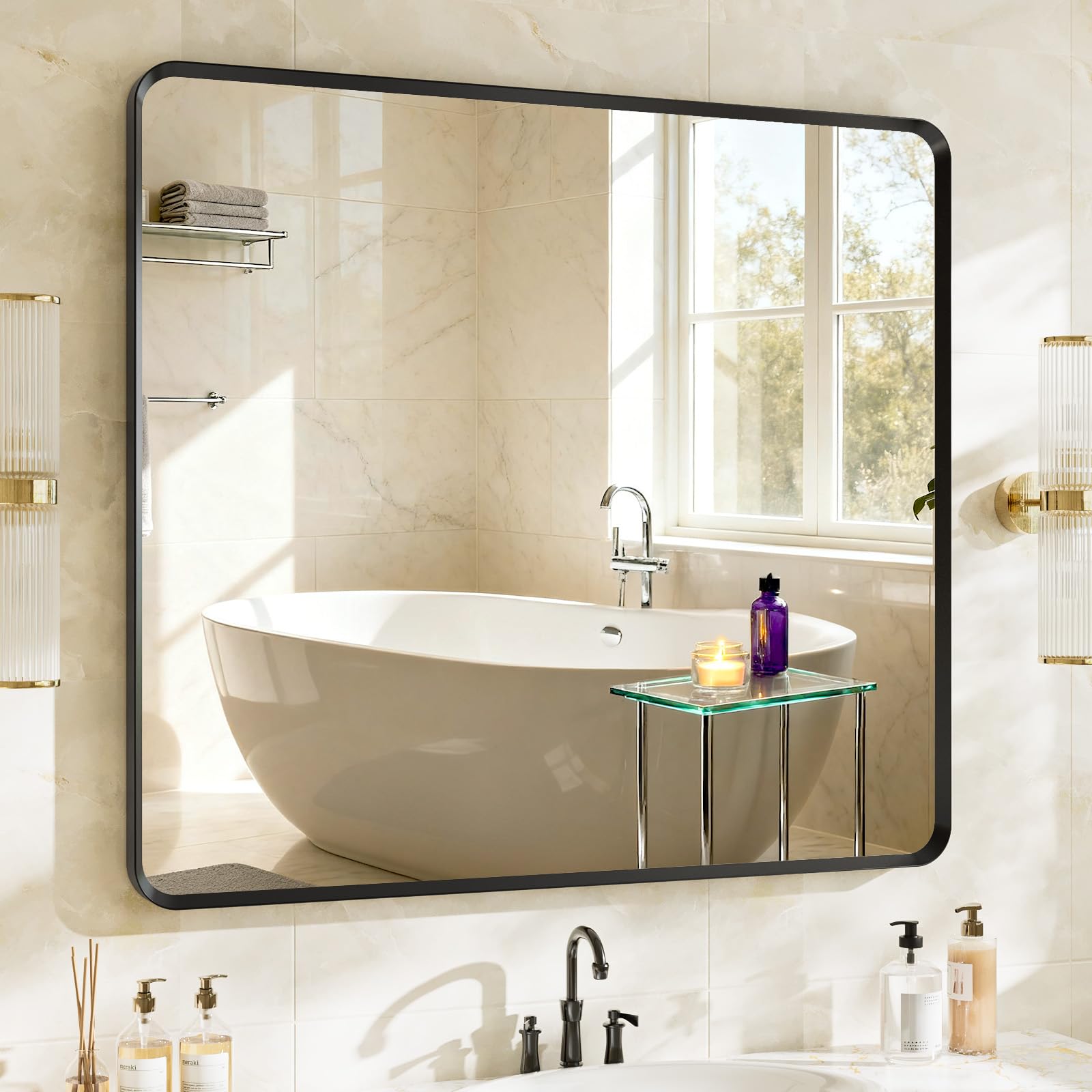 22x30 inch Gold Bathroom Mirror,Rounded Rectangle Gold Metal Framed, HD Tempered Glass, Horizontal or Vertical Hanging, Modern Bathroom Decor