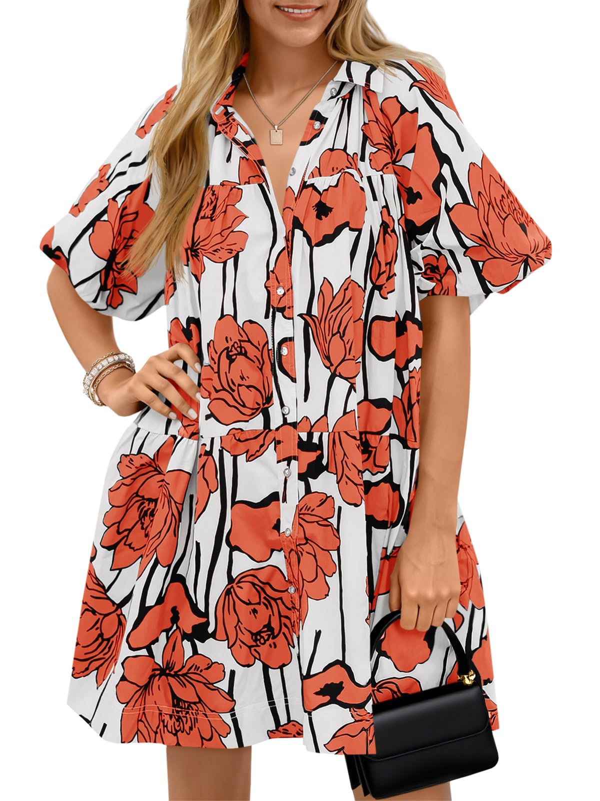 Wenrine Women's Summer Button Down Shirt Dress Floral Puff Short Sleeve Casual Loose Fit Beach Mini Dresses