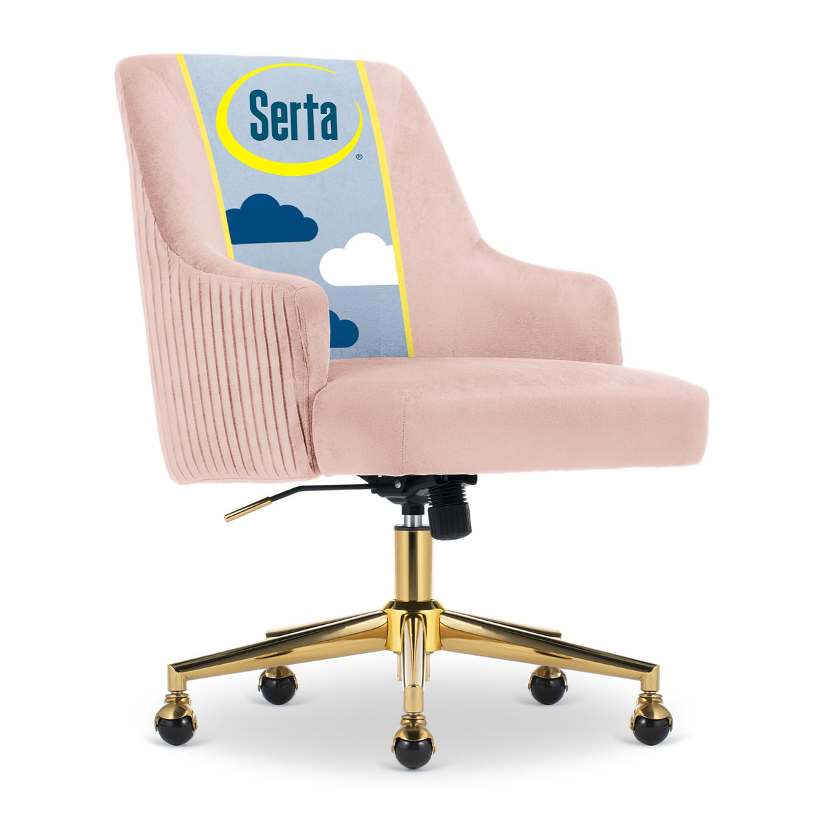 Serta Scarlett Modern Office Chair, Pleated and Curved Mid-Back Desk Chair, Pocket Coil Seat Cushion, Padded Armrests, Vanity Armchair with Wheels, Swivel Gold Base, Beige Velvet Fabric