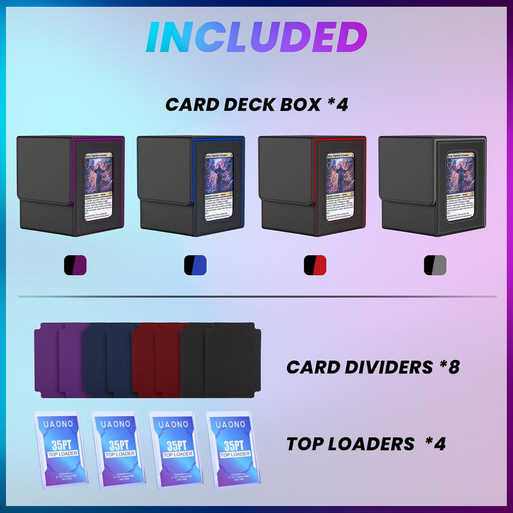 UAONO 4 Pack MTG Commander Deck Box, Independent Commander Display, Fits 400 Double-Sleeved Cards, Magnetic Deck Case for Magic the Gathering TCG, 8 Dividers & 4 Top Loaders (4 Color)