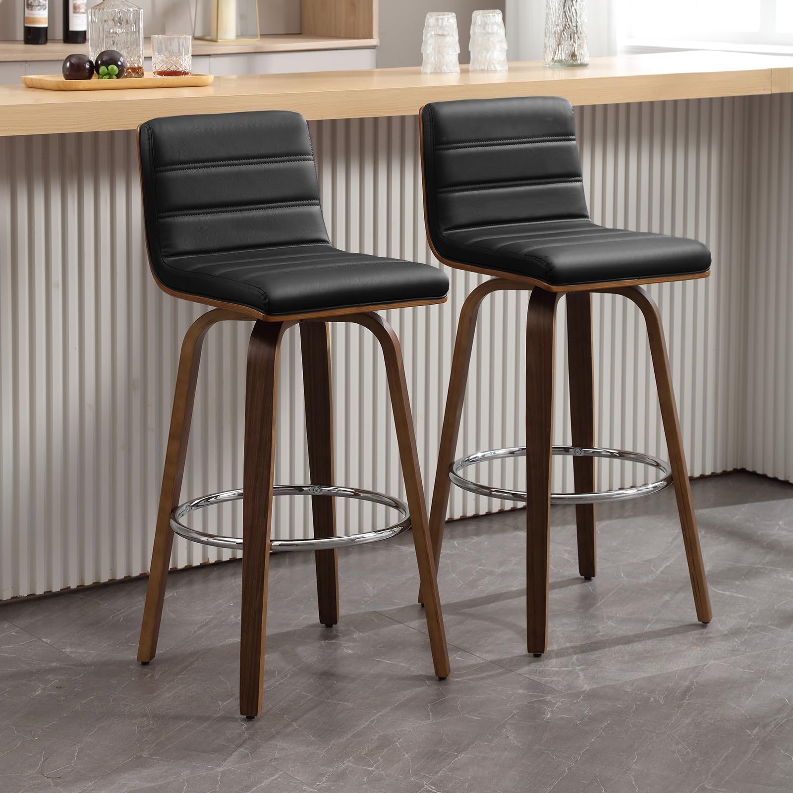 Bar Stools 29 Inch Bar Height, Swivel Bar Stools with Backs Upholstered PU Leather Barstool, L Shape Back and Padded Seat, Mid-Century Modern Bar Stool Pub Chairs for Kitchen Counter Island, Black