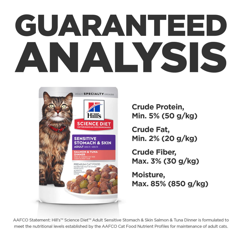 Hill's Science Diet Adult Sensitive Stomach & Skin Wet Cat Food, Chicken & Beef, 2.8 oz. Pouches, 24-Pack
