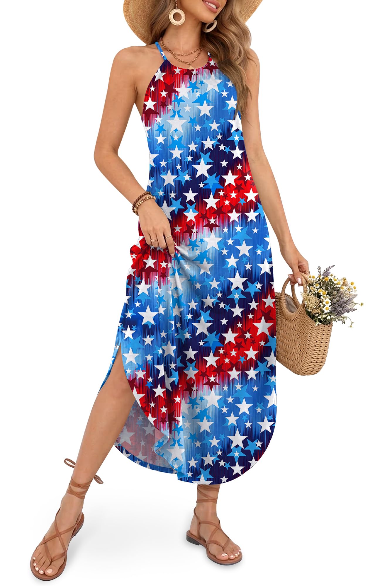 For G and PL Women's Summer Casual Halter Side Slit Maxi Beach Dress Resort Vacation Cruise Wear Sundress