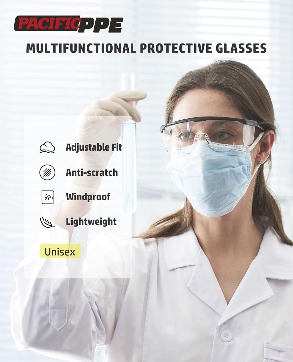 PACIFIC PPE 2 Pack Safety Glasses for Men and Women, ANSI Z87 Safety Goggles with Scratch Resistant Clear Wraparound Lenses, Adjustable Lab Goggles, UV Protection Lab Glasses