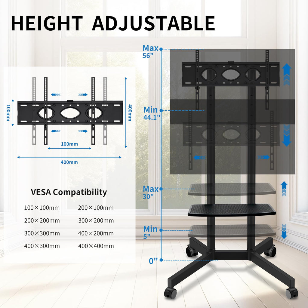 Solid Grace Rolling TV Stand with Power Outlet for 32-75 Inch TVs up to 88lbs, Portable TV Stand with Shelf, Mobile TV Cart for Living Room, Office, Meeting Room, Outdoor(with Power Outlet+Shelf)