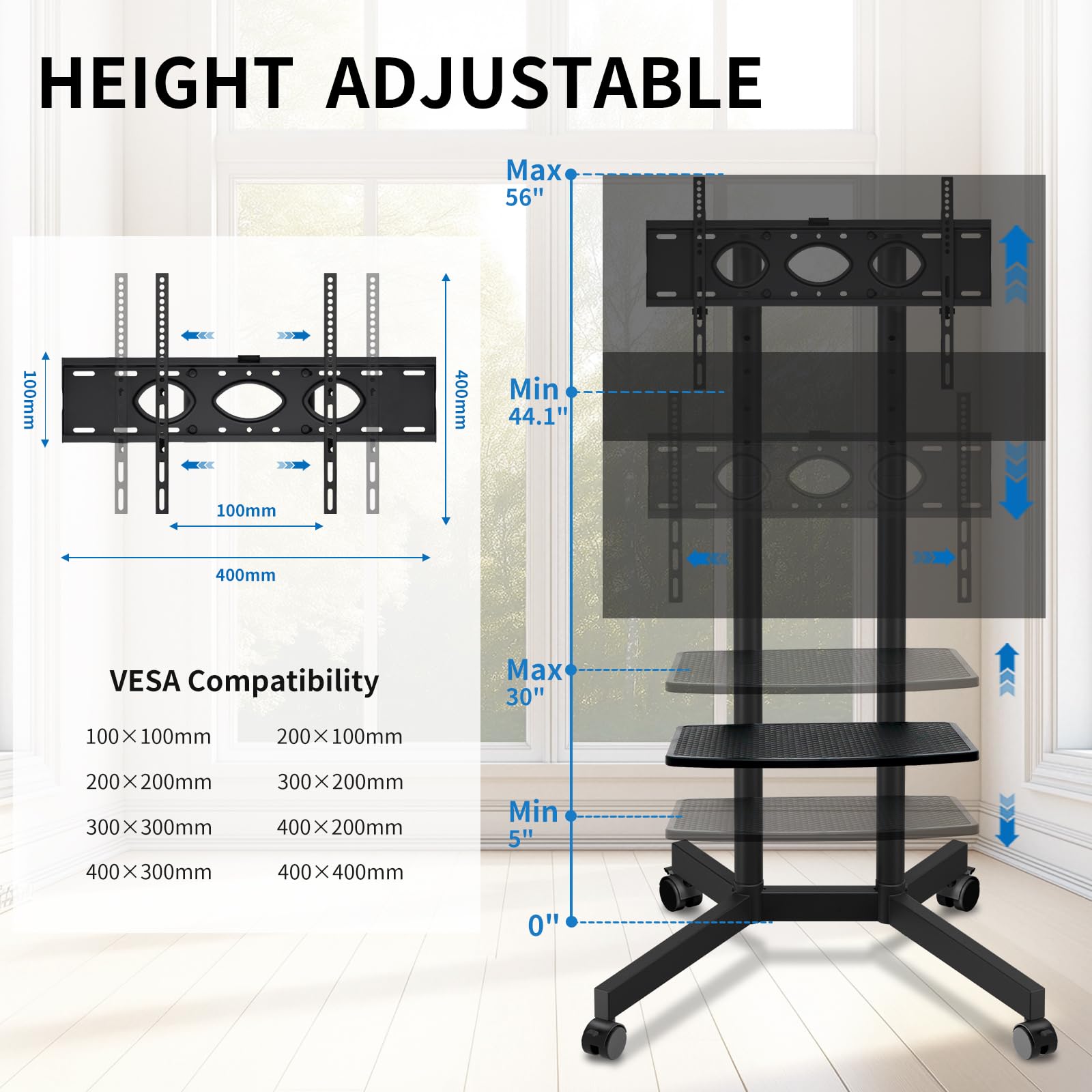 Solid Grace Rolling TV Stand with Power Outlet for 32-75 Inch TVs up to 88lbs, Portable TV Stand with Shelf, Mobile TV Cart for Living Room, Office, Meeting Room, Outdoor(with Power Outlet+Shelf)