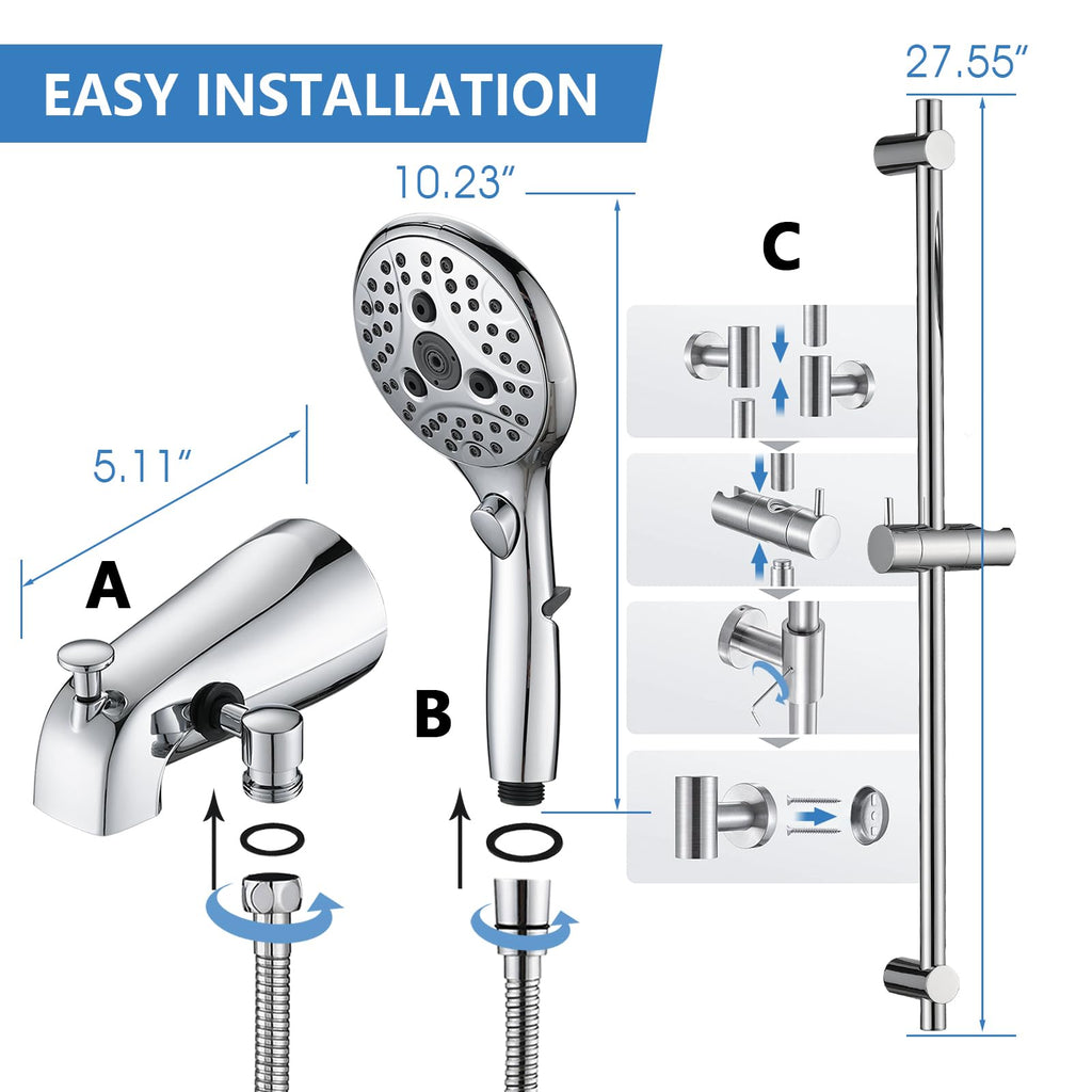 PROOX All Metal Tub Spout with Diverter, 6 Settings Hand held Shower with ON/Off Pause Switch, Bathtub Faucet with Sprayer Brushed Nickel
