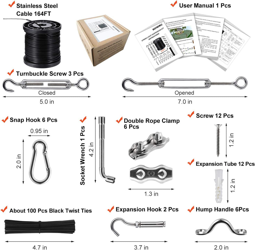 String Lights Hanging Kit,Globe String Lights Suspension Kit,Outdoor Light Guide Wire,Includ 164 FT Nylon-Coated Stainless Steel Wire Rope Cable,Turnbuckle and Hooks,Enough Accessories,Use Manual