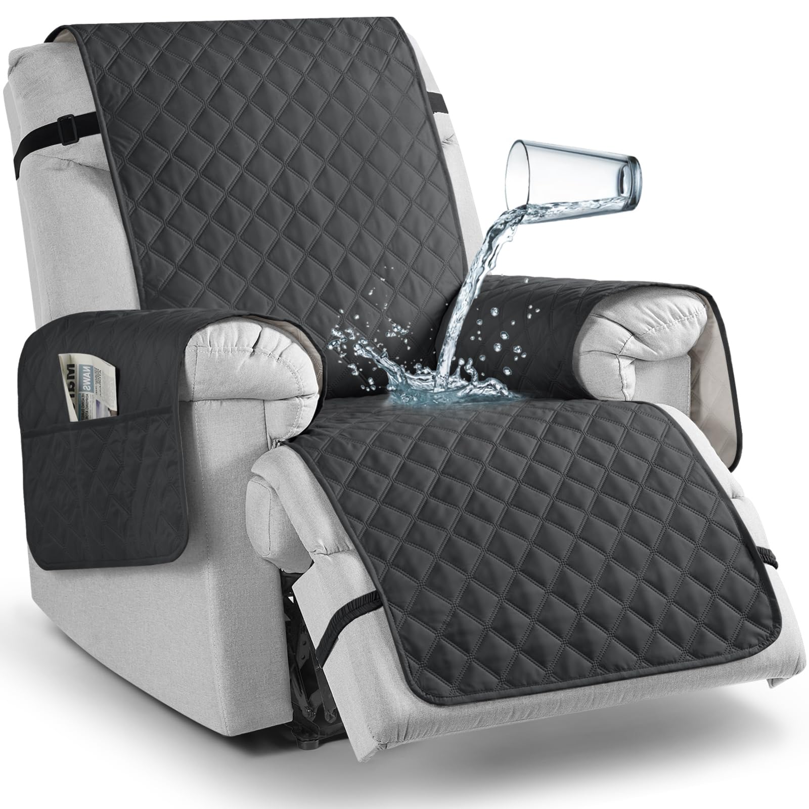 TAOCOCO 100% Waterproof Recliner Chair Covers, Reversible Recliner Covers with Leg Straps, Washable Recliner Sofa Covers for Reclining Chair Furniture Dog Protector with Pocket (Black, 23.6'')