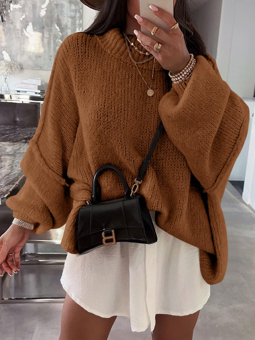 Saodimallsu Womens Oversized Sweaters Mock Neck Batwing Long Sleeve 2026 Fall Trendy Ribbed Knit Casual Tunic Sweater